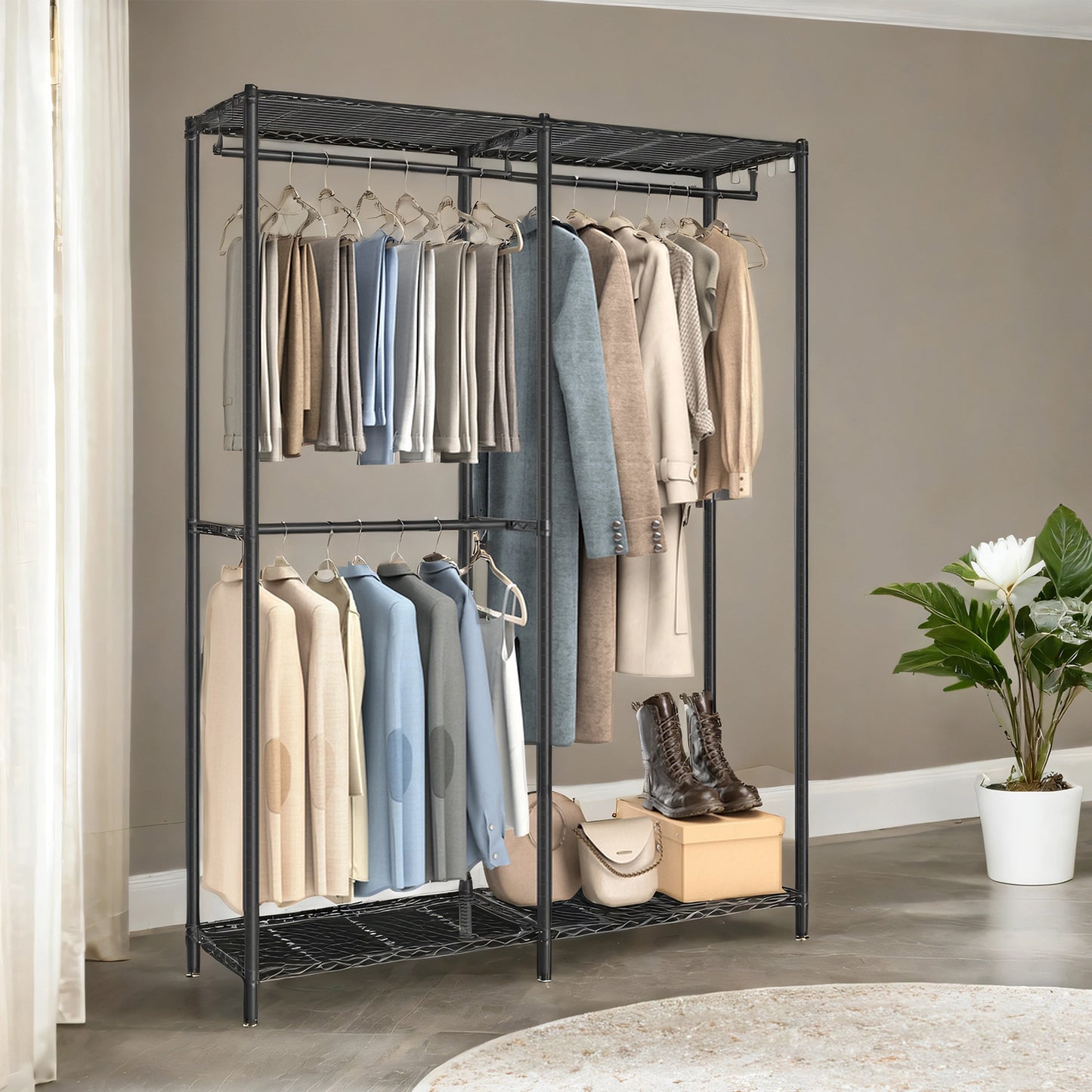 Freestanding Clothes Rack, Metal Heavy-Duty Garment Rack/Wardrobe Closet with 3 Hanging Rods, 4 Shelves, Adjustable/Removable Parts, Tool-Free Assembly for Home Storage,Ink Black