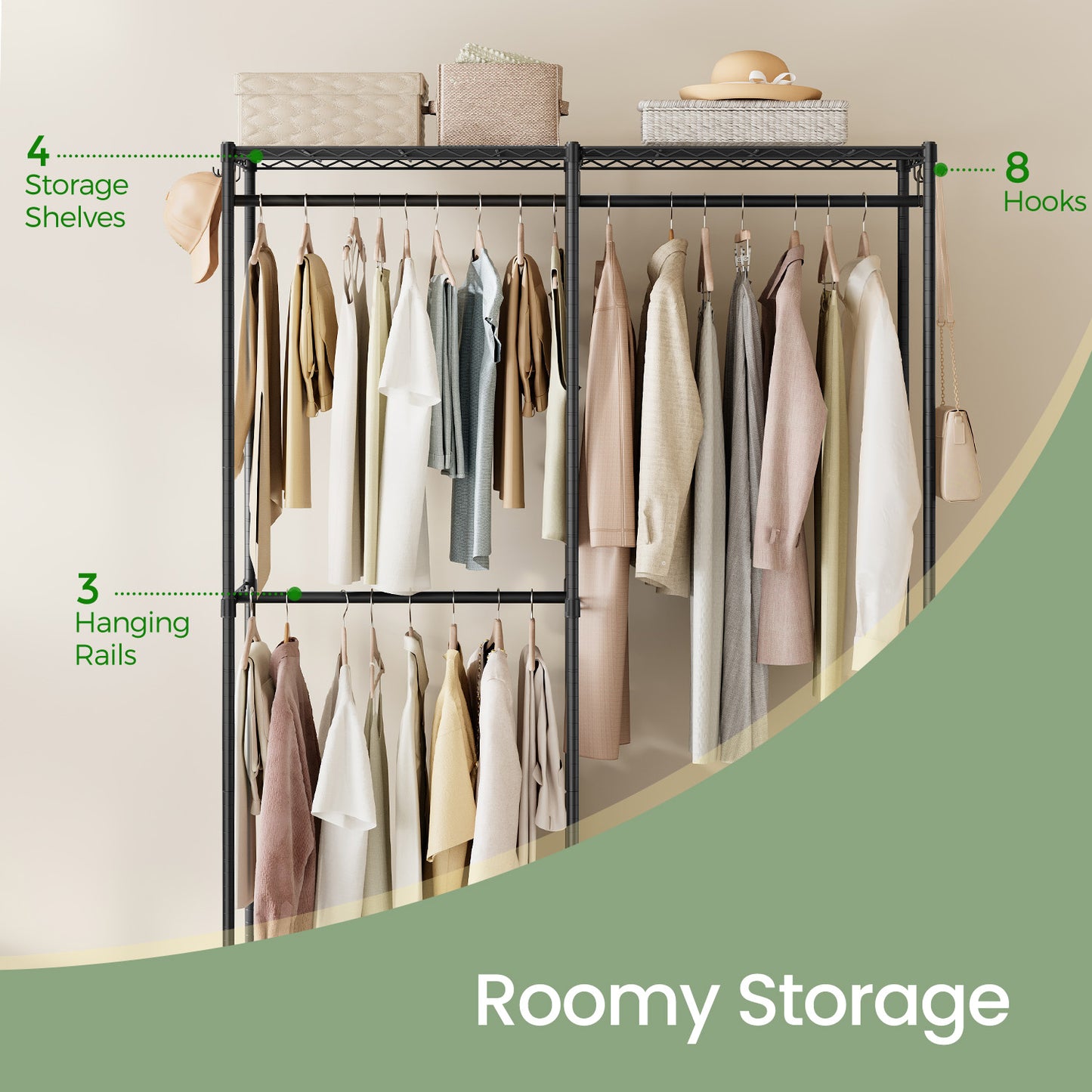 Freestanding Clothes Rack, Metal Heavy-Duty Garment Rack/Wardrobe Closet with 3 Hanging Rods, 4 Shelves, Adjustable/Removable Parts, Tool-Free Assembly for Home Storage,Ink Black