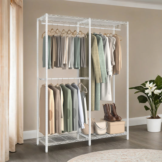 Freestanding Clothes Rack, Metal Heavy-Duty Garment Rack/Wardrobe Closet with 3 Hanging Rods, 4 Shelves, Adjustable/Removable Parts, Tool-Free Assembly for Home Storage,Cloud White