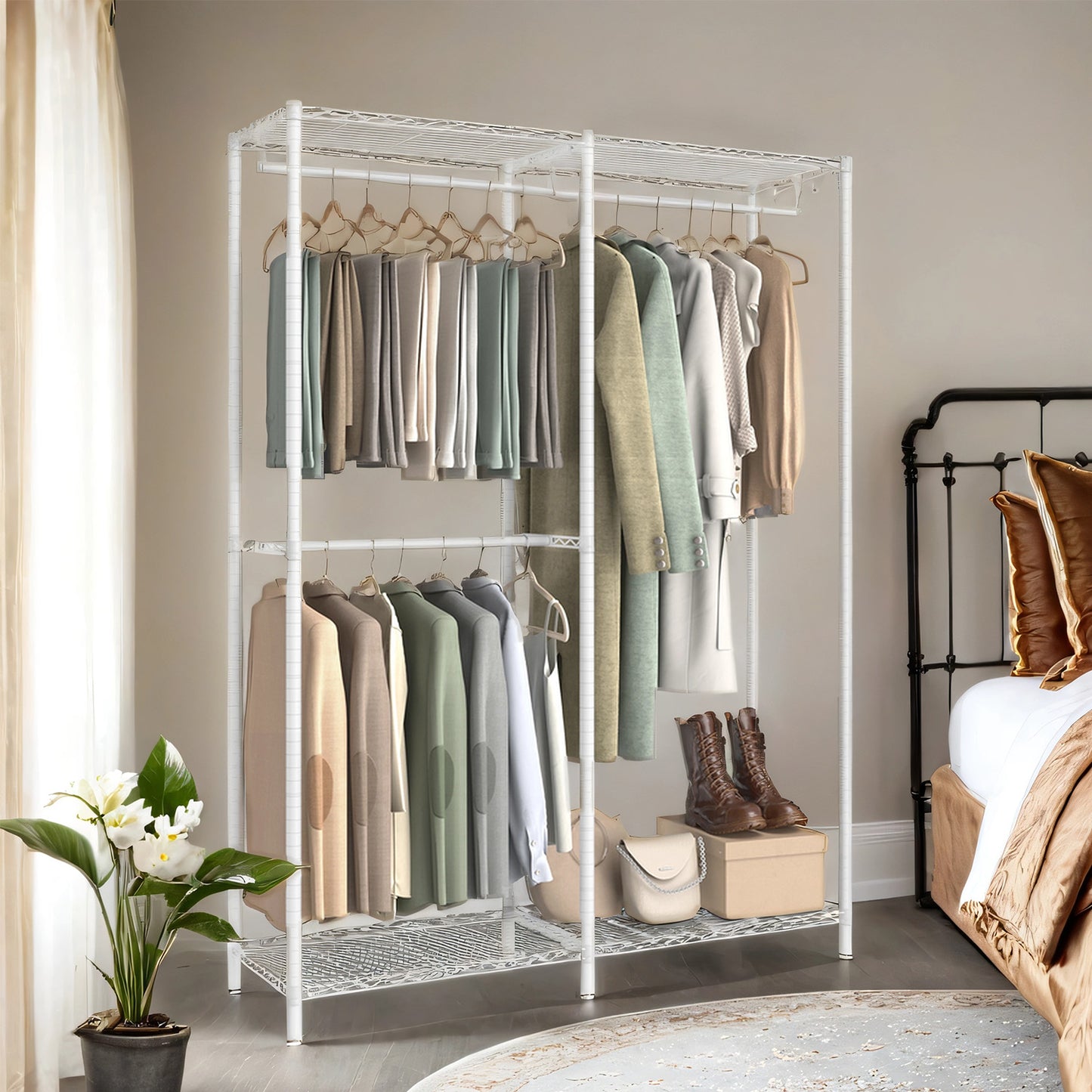 Freestanding Clothes Rack, Metal Heavy-Duty Garment Rack/Wardrobe Closet with 3 Hanging Rods, 4 Shelves, Adjustable/Removable Parts, Tool-Free Assembly for Home Storage,Cloud White