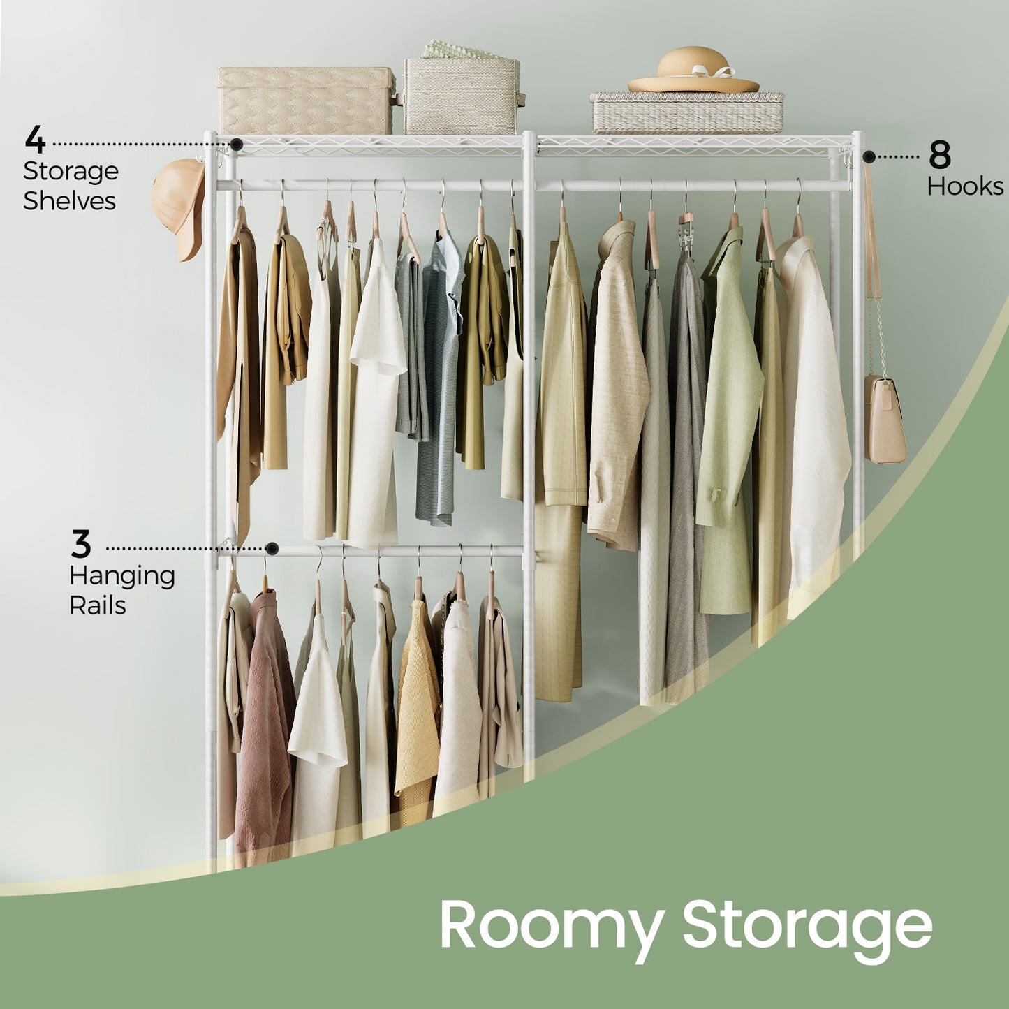 Freestanding Clothes Rack, Metal Heavy-Duty Garment Rack/Wardrobe Closet with 3 Hanging Rods, 4 Shelves, Adjustable/Removable Parts, Tool-Free Assembly for Home Storage,Cloud White