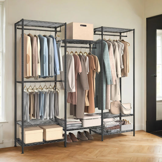 Heavy Duty Portable Wardrobe Closet, Freestanding Clothes Rack/Metal Garment Rack (15.8x68.9x70.9in) with 4 Hanging Rails, 8 Adjustable Wire Shelves, Dividable, Easy Assembly,Ink Black