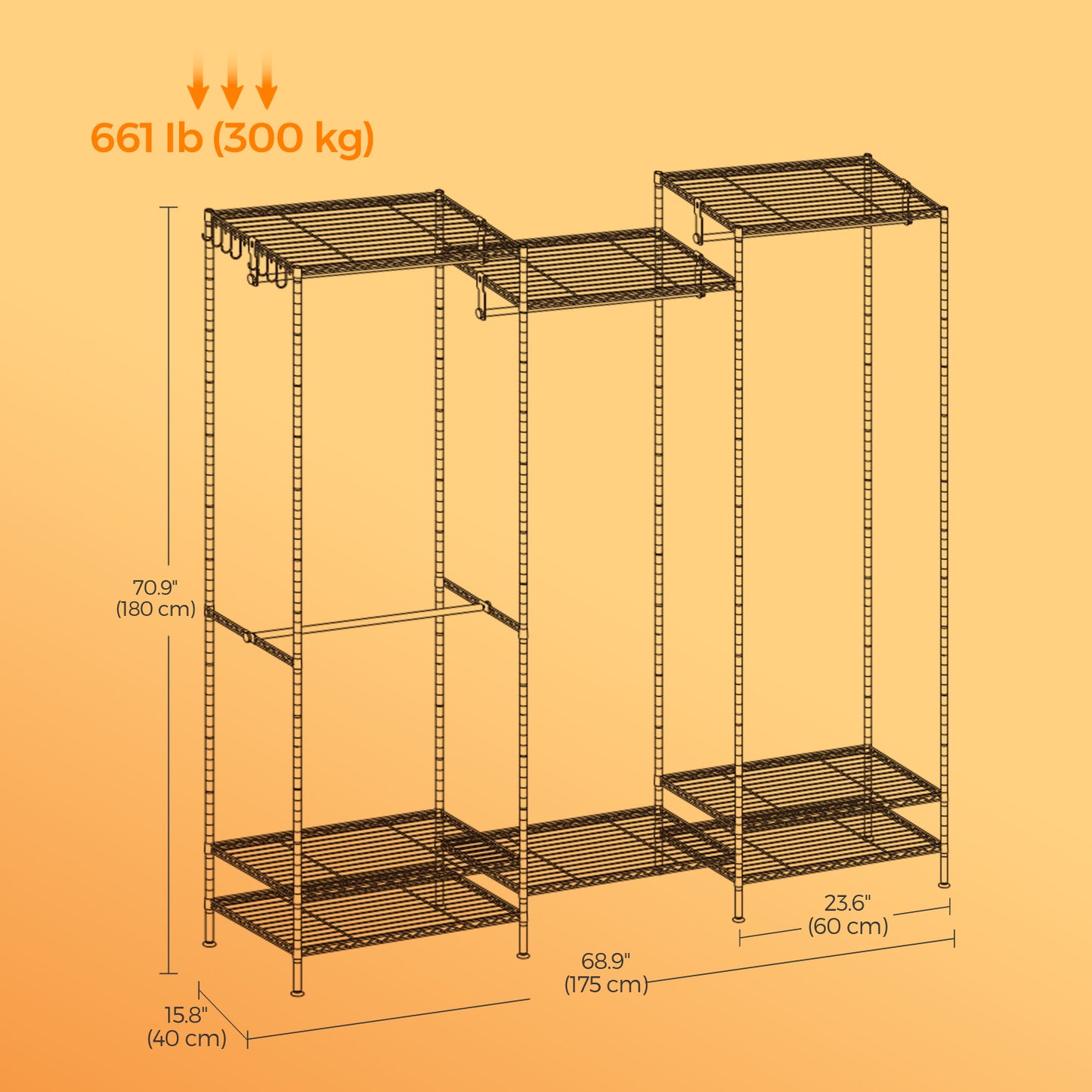 Heavy Duty Portable Wardrobe Closet, Freestanding Clothes Rack/Metal Garment Rack (15.8x68.9x70.9in) with 4 Hanging Rails, 8 Adjustable Wire Shelves, Dividable, Easy Assembly,Ink Black