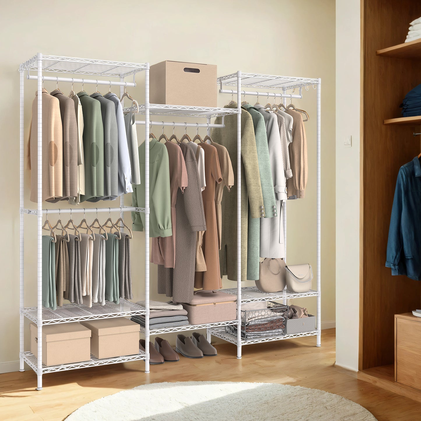 Heavy Duty Portable Wardrobe Closet, Freestanding Clothes Rack/Metal Garment Rack (15.8x68.9x70.9in) with 4 Hanging Rails, 8 Adjustable Wire Shelves, Dividable, Easy Assembly,Cloud White
