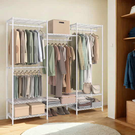Heavy Duty Portable Wardrobe Closet, Freestanding Clothes Rack/Metal Garment Rack (15.8x68.9x70.9in) with 4 Hanging Rails, 8 Adjustable Wire Shelves, Dividable, Easy Assembly,Cloud White
