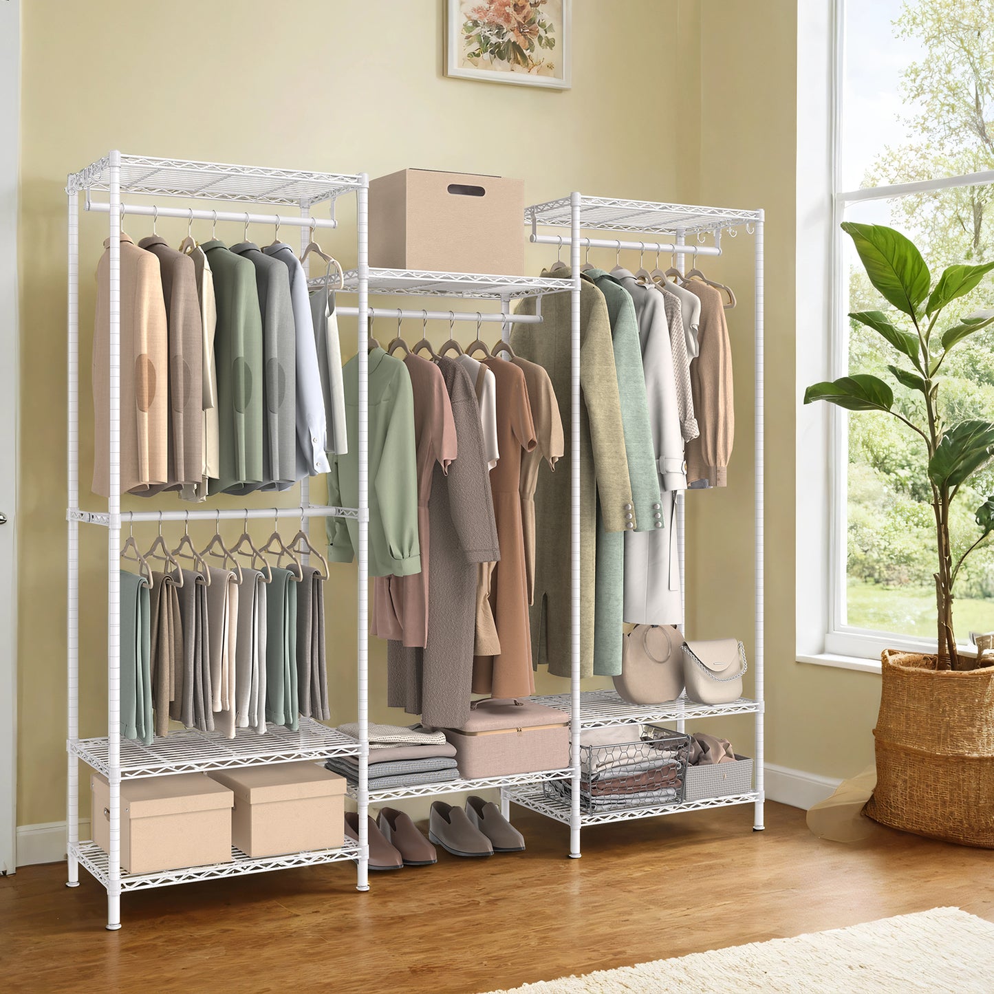 Heavy Duty Portable Wardrobe Closet, Freestanding Clothes Rack/Metal Garment Rack (15.8x68.9x70.9in) with 4 Hanging Rails, 8 Adjustable Wire Shelves, Dividable, Easy Assembly,Cloud White
