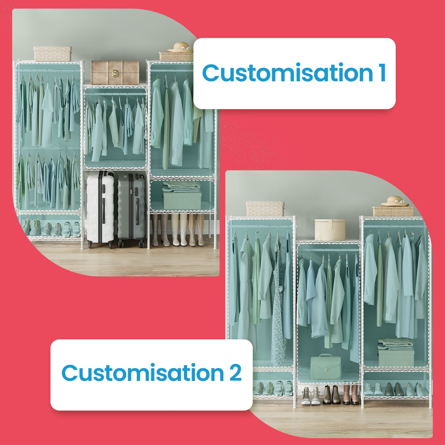 Heavy Duty Portable Wardrobe Closet, Freestanding Clothes Rack/Metal Garment Rack (15.8x68.9x70.9in) with 4 Hanging Rails, 8 Adjustable Wire Shelves, Dividable, Easy Assembly,Cloud White