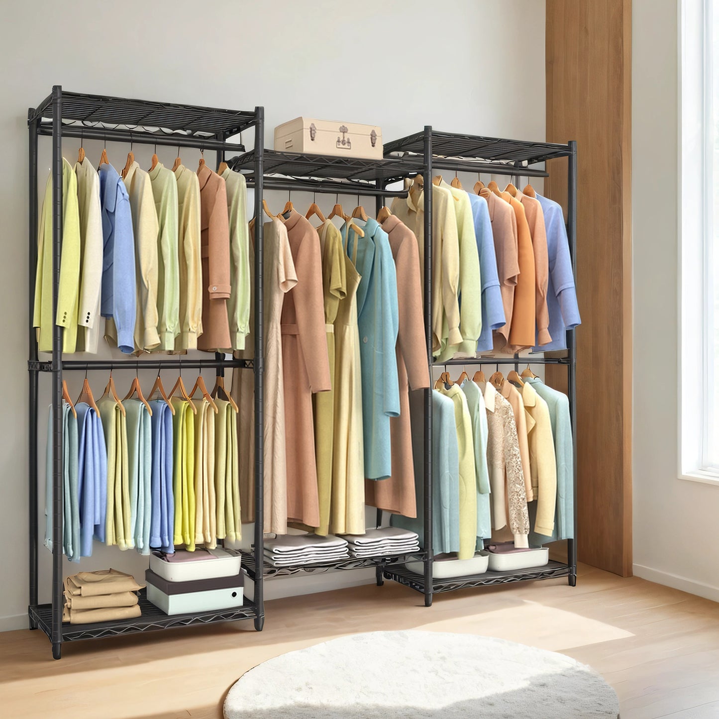 Heavy-Duty Garment Rack with Adjustable Shelves & Hanging Rails, 68.7-Inch Wide Portable Closet, No-Tool Assembly, Ink Black