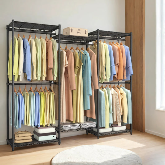 Heavy-Duty Garment Rack with Adjustable Shelves & Hanging Rails, 68.7-Inch Wide Portable Closet, No-Tool Assembly, Ink Black