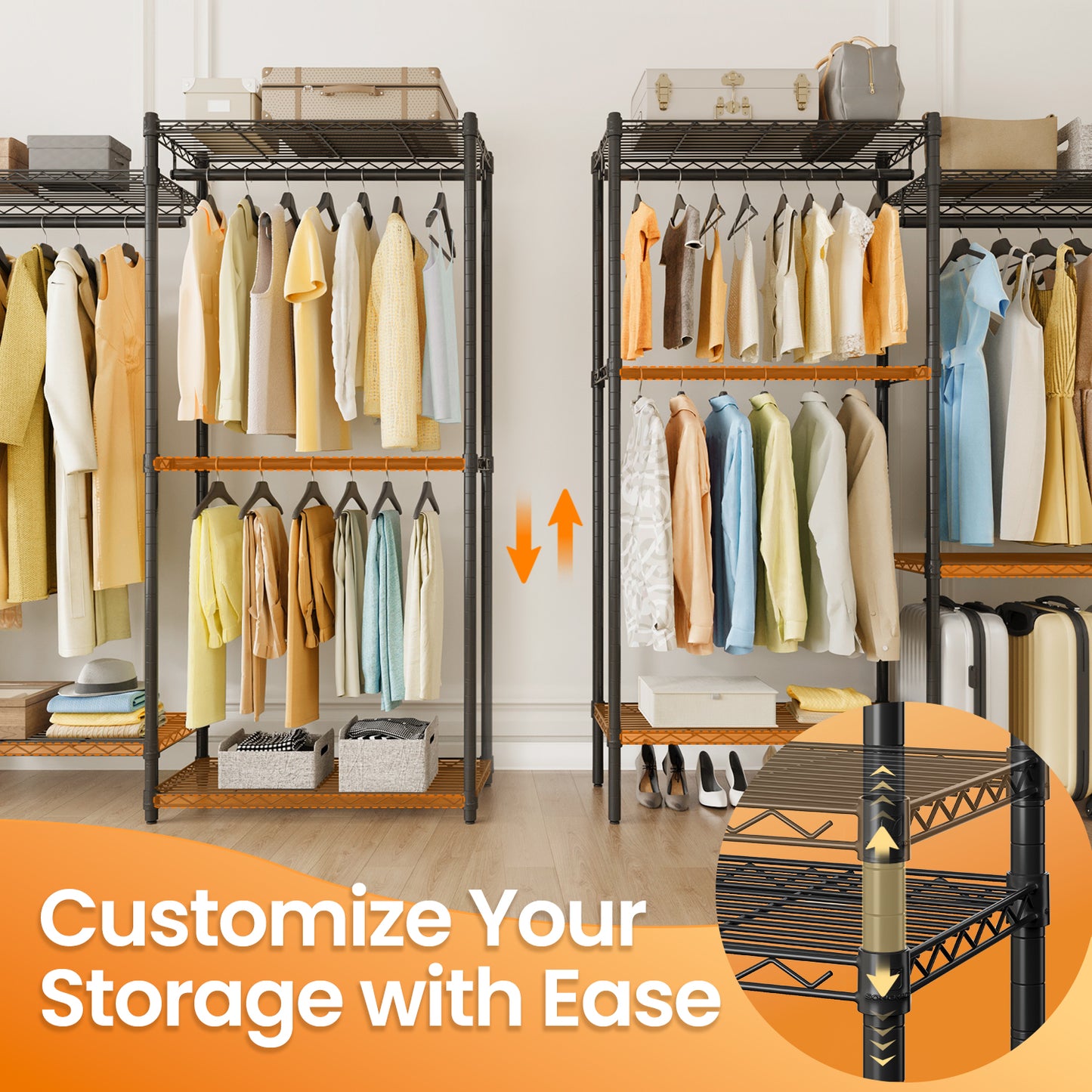 Heavy-Duty Garment Rack with Adjustable Shelves & Hanging Rails, 68.7-Inch Wide Portable Closet, No-Tool Assembly, Ink Black