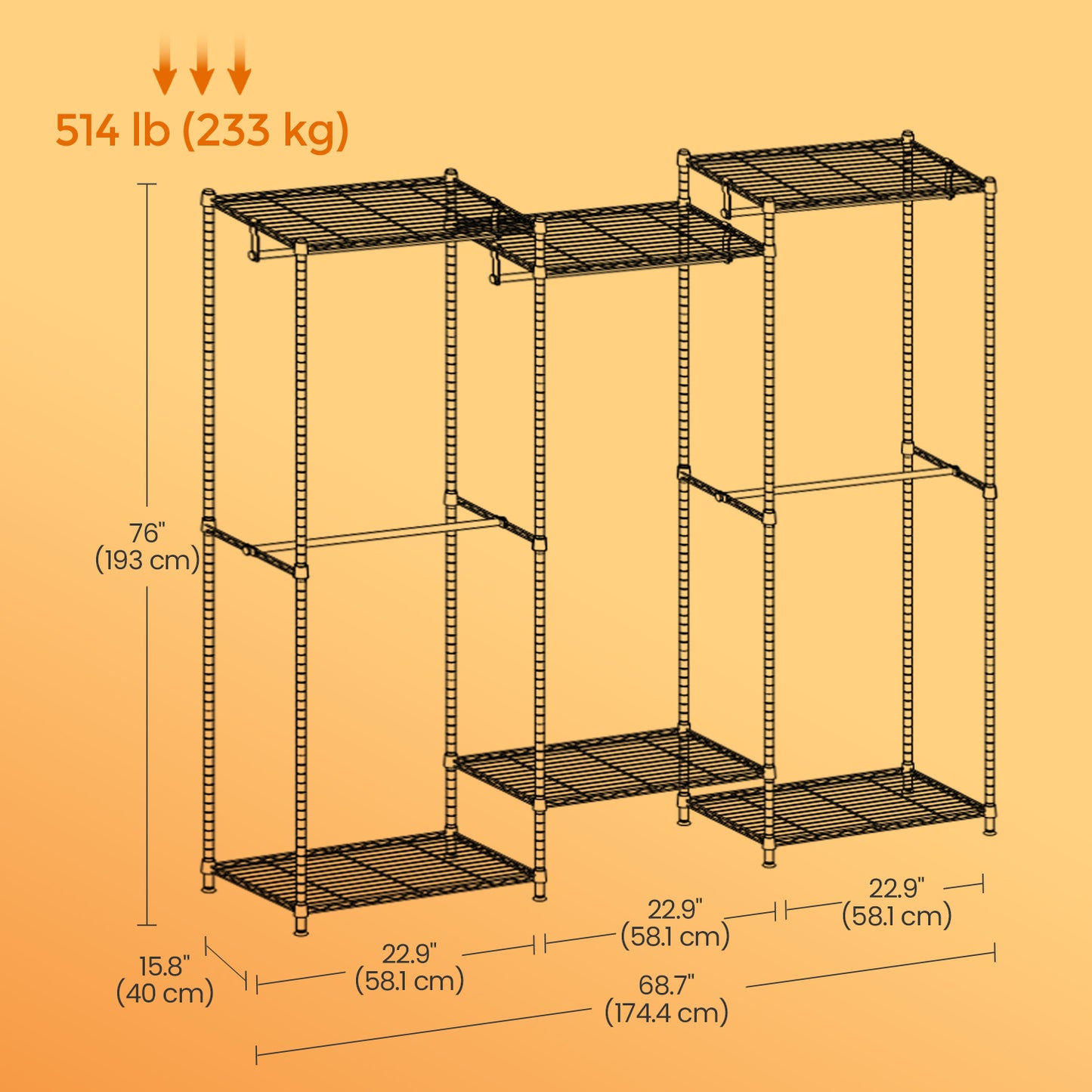 Heavy-Duty Garment Rack with Adjustable Shelves & Hanging Rails, 68.7-Inch Wide Portable Closet, No-Tool Assembly, Ink Black