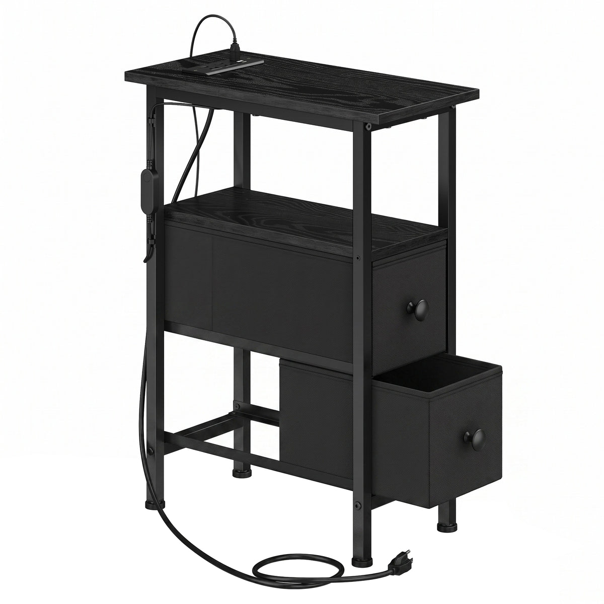 LEDREM Narrow Side Table with Charging Station and LED Lights, 2 Fabric Drawers, 8.5 x 18.1 x 23.8 Inches, Black