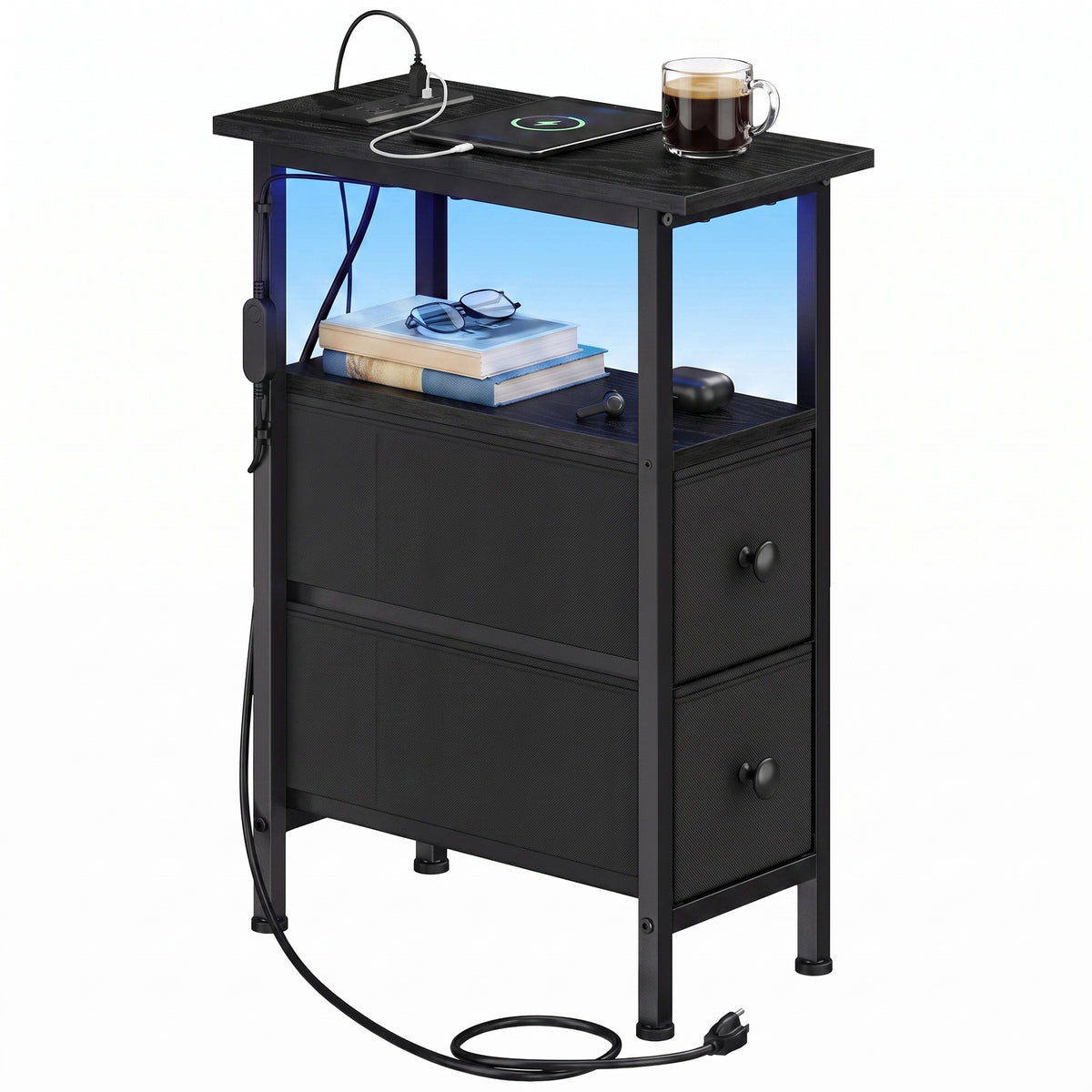LEDREM Narrow Side Table with Charging Station and LED Lights, 2 Fabric Drawers, 8.5 x 18.1 x 23.8 Inches, Black