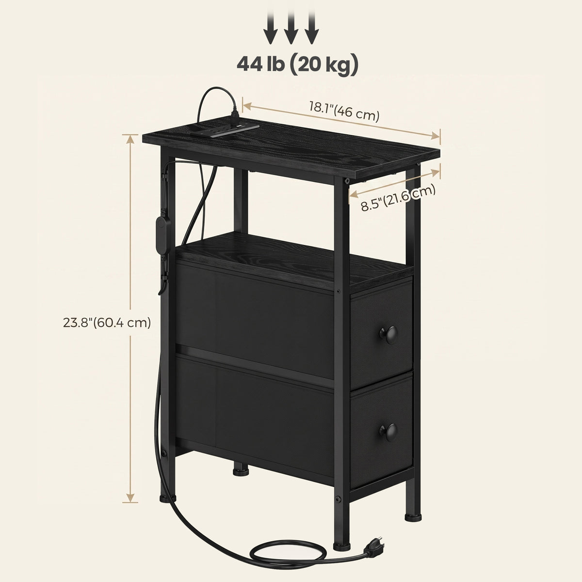 LEDREM Narrow Side Table with Charging Station and LED Lights, 2 Fabric Drawers, 8.5 x 18.1 x 23.8 Inches, Black