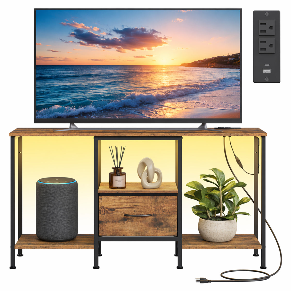LEDREM TV Stand with LED Lights and Power Outlets, Entertainment Center with Drawer, 44.8 x 11.8 x 23.6 inches, Tan