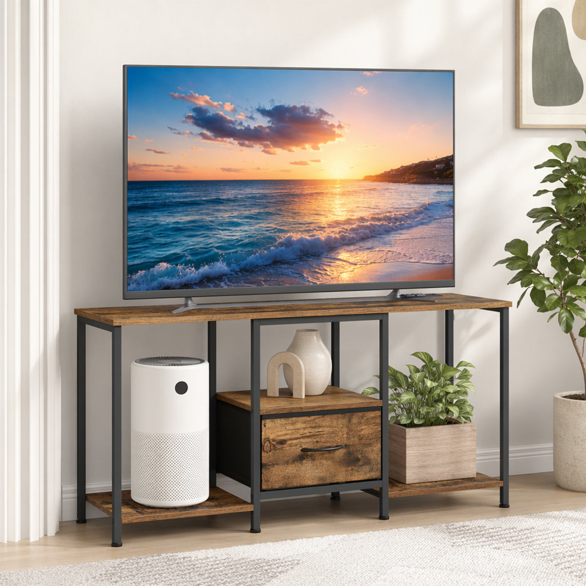 LEDREM TV Stand with LED Lights and Power Outlets, Entertainment Center with Drawer, 44.8 x 11.8 x 23.6 inches, Tan