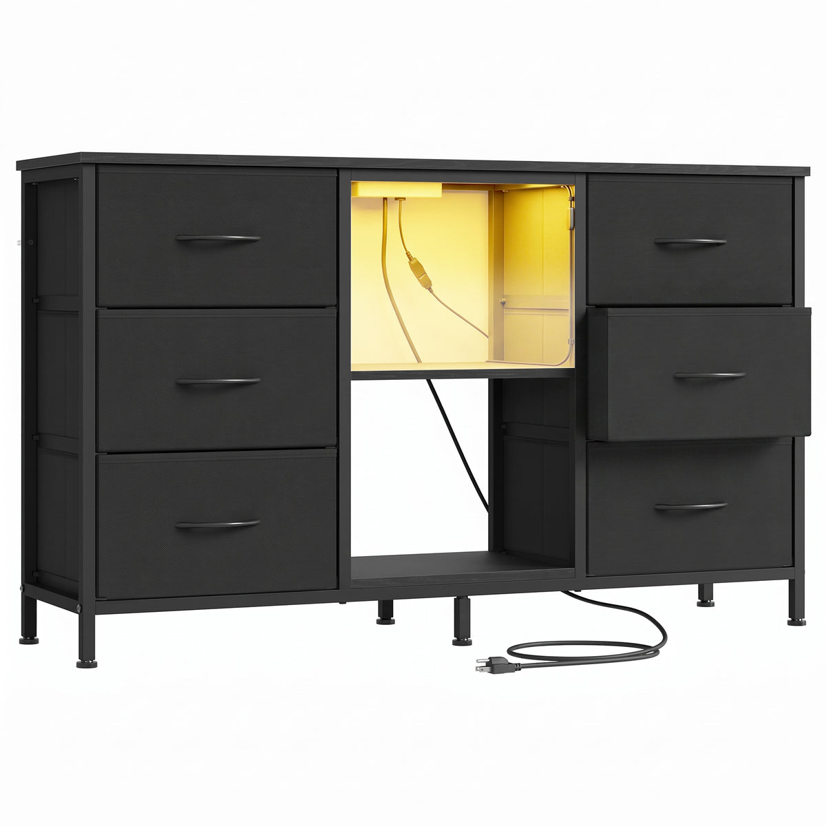 LEDREM TV Stand with LED Lights and Power Outlets, Media Console with 6 Fabric Drawers for TVs up to 45 Inches, Black
