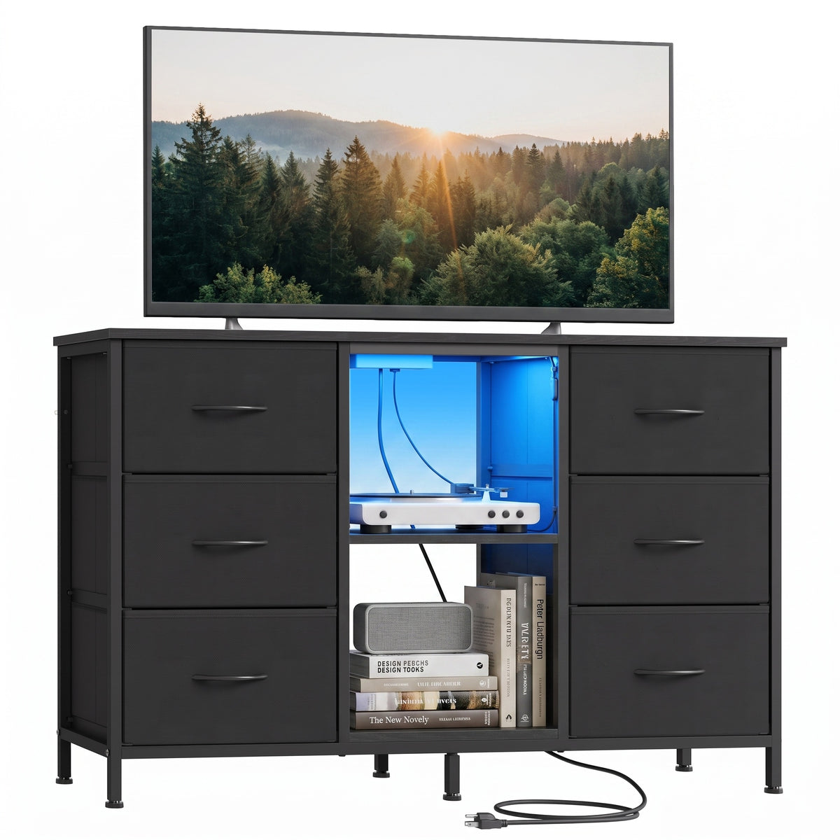 LEDREM TV Stand with LED Lights and Power Outlets, Media Console with 6 Fabric Drawers for TVs up to 45 Inches, Black