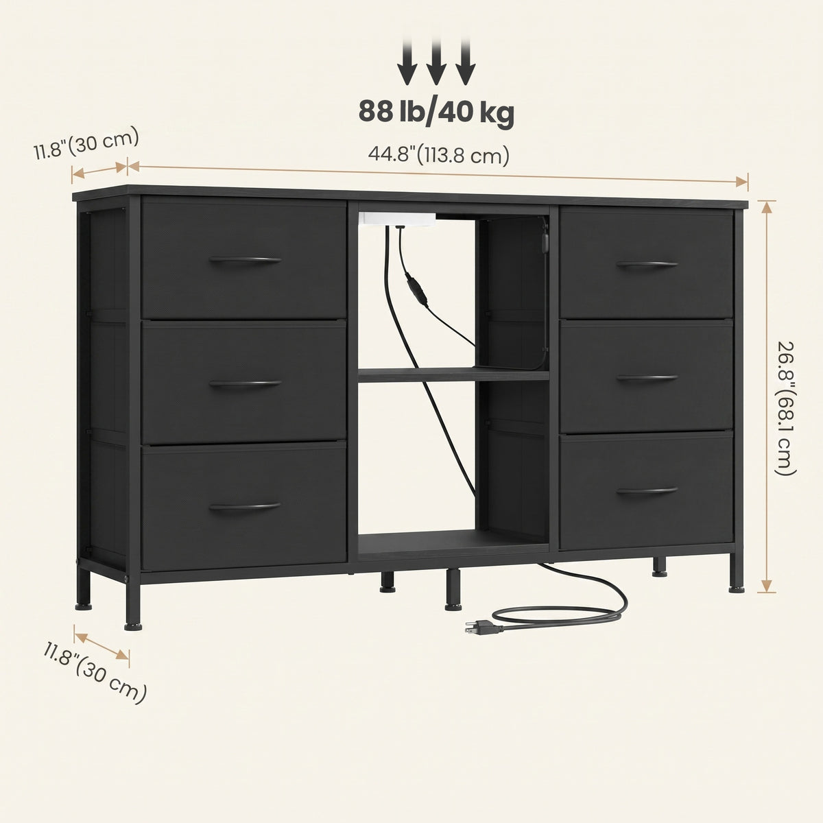 LEDREM TV Stand with LED Lights and Power Outlets, Media Console with 6 Fabric Drawers for TVs up to 45 Inches, Black