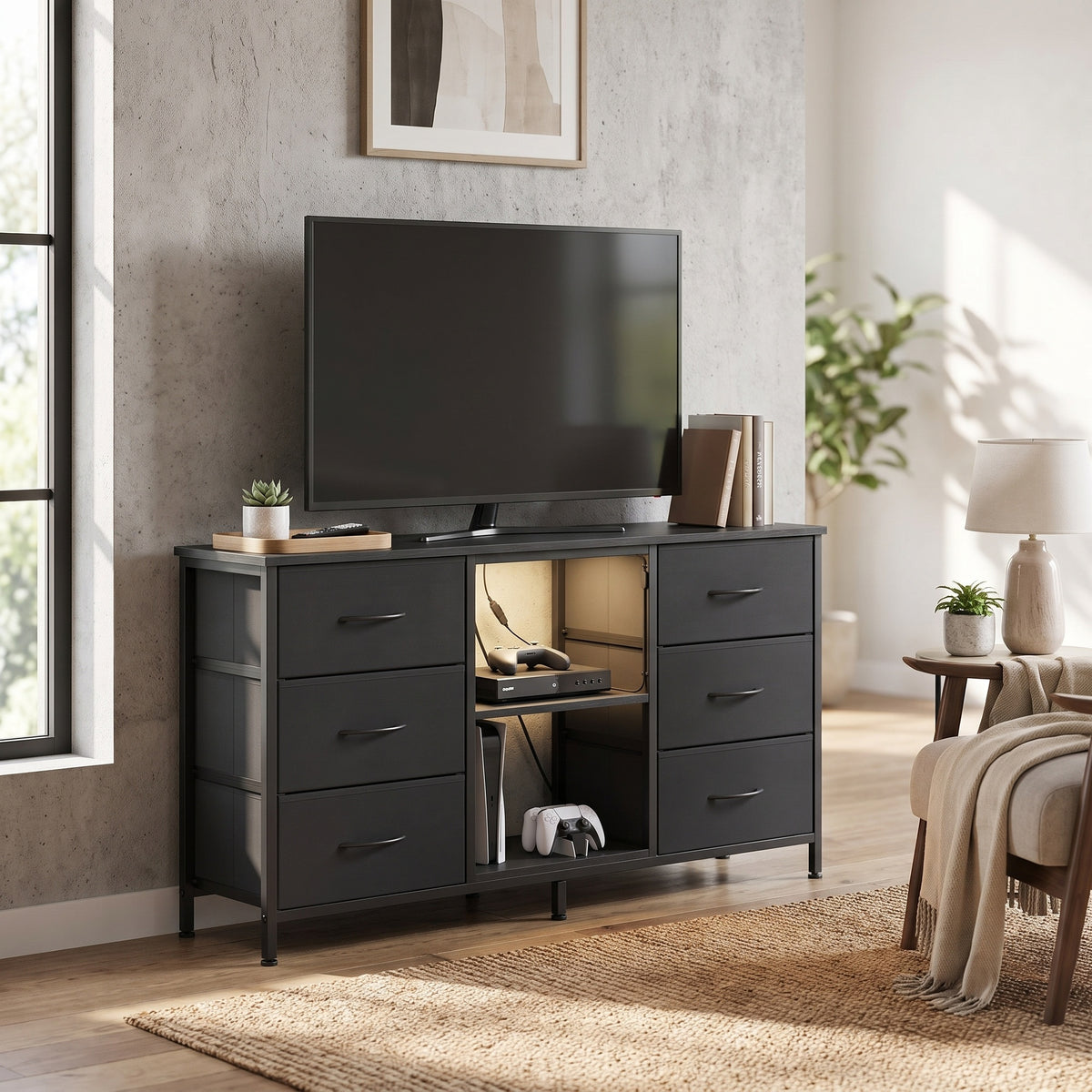 LEDREM TV Stand with LED Lights and Power Outlets, Media Console with 6 Fabric Drawers for TVs up to 45 Inches, Black