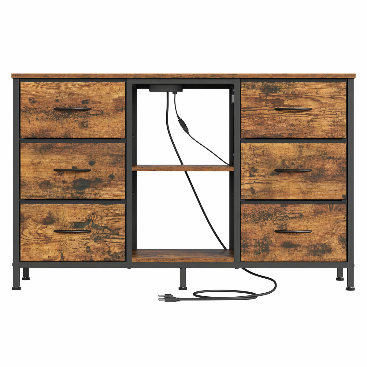 TV Stand with LED Lights and Power Outlets, Media Console with 6 Fabric Drawers for TVs up to 45 Inches, Tan
