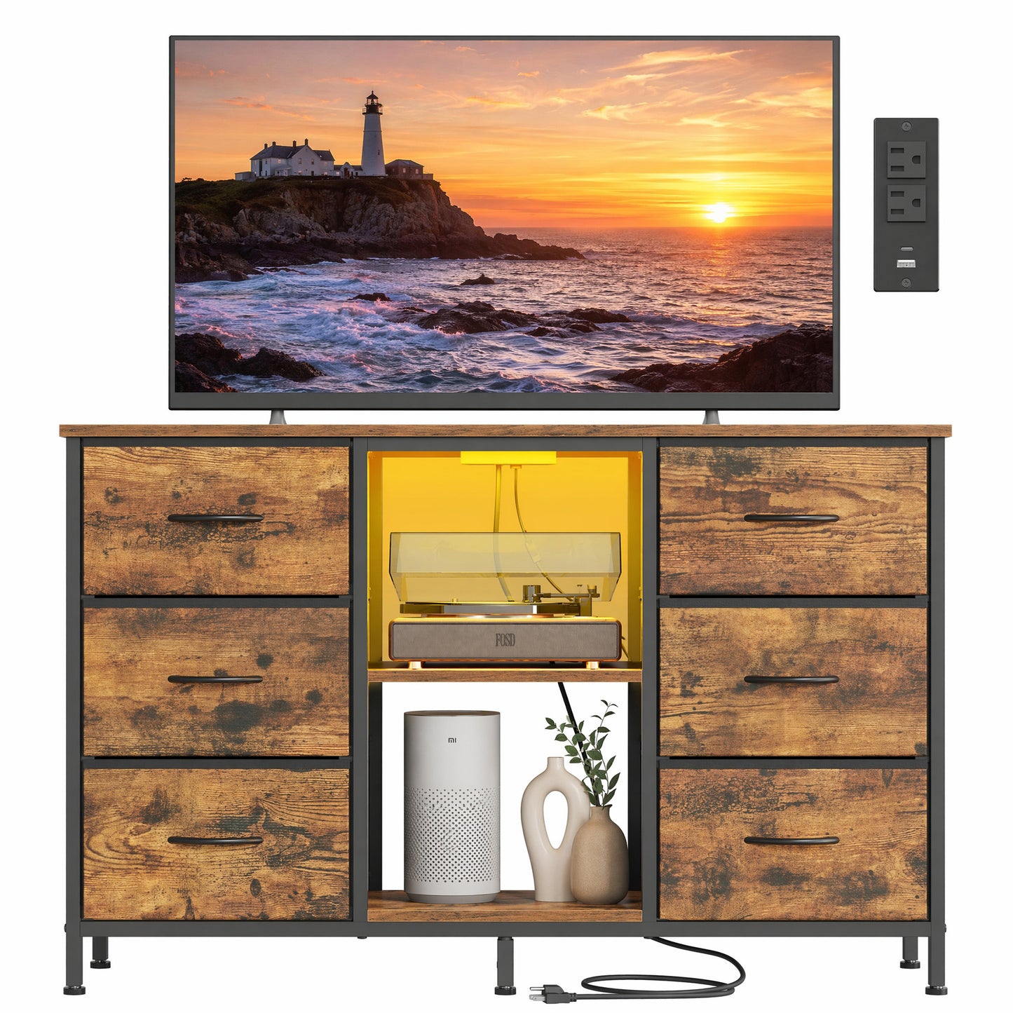 TV Stand with LED Lights and Power Outlets, Media Console with 6 Fabric Drawers for TVs up to 45 Inches, Tan