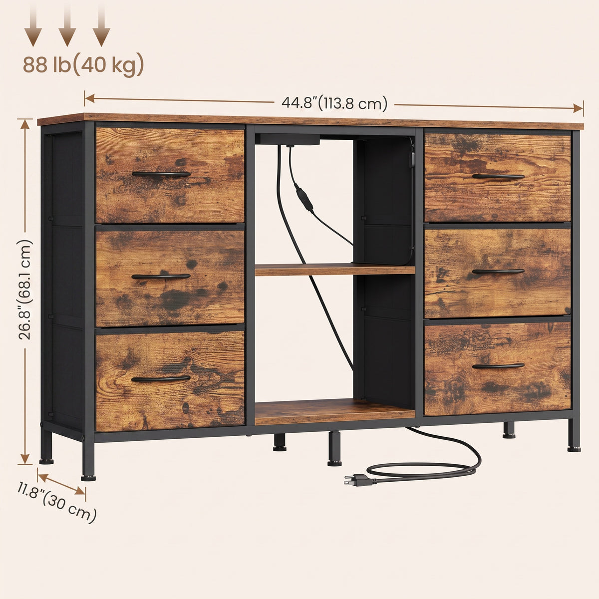 TV Stand with LED Lights and Power Outlets, Media Console with 6 Fabric Drawers for TVs up to 45 Inches, Tan