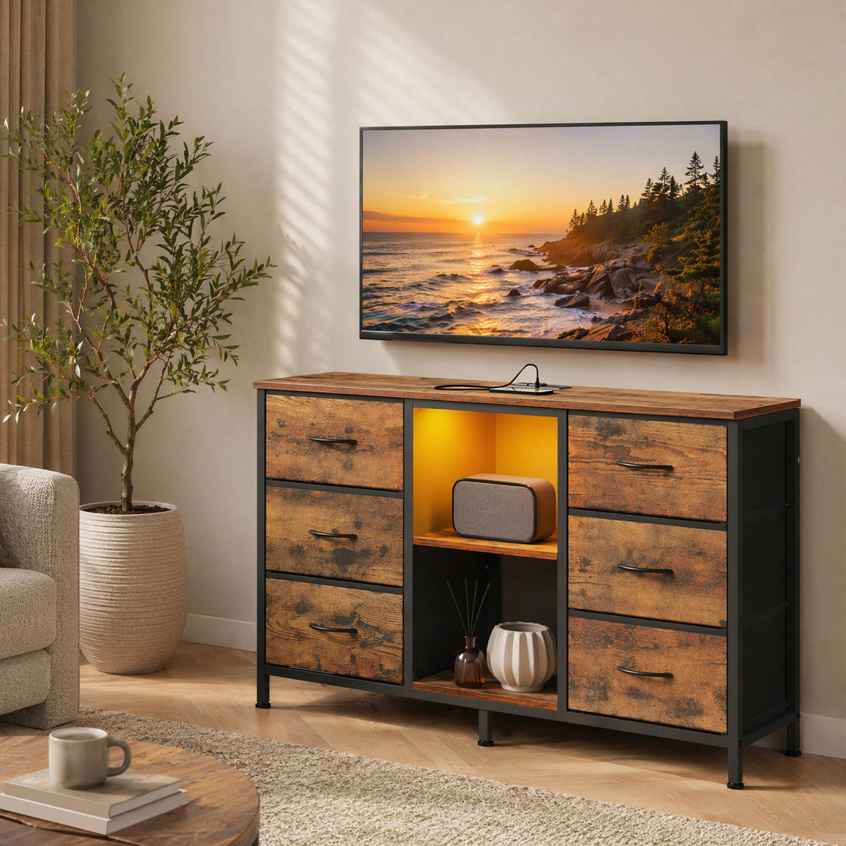 TV Stand with LED Lights and Power Outlets, Media Console with 6 Fabric Drawers for TVs up to 45 Inches, Tan