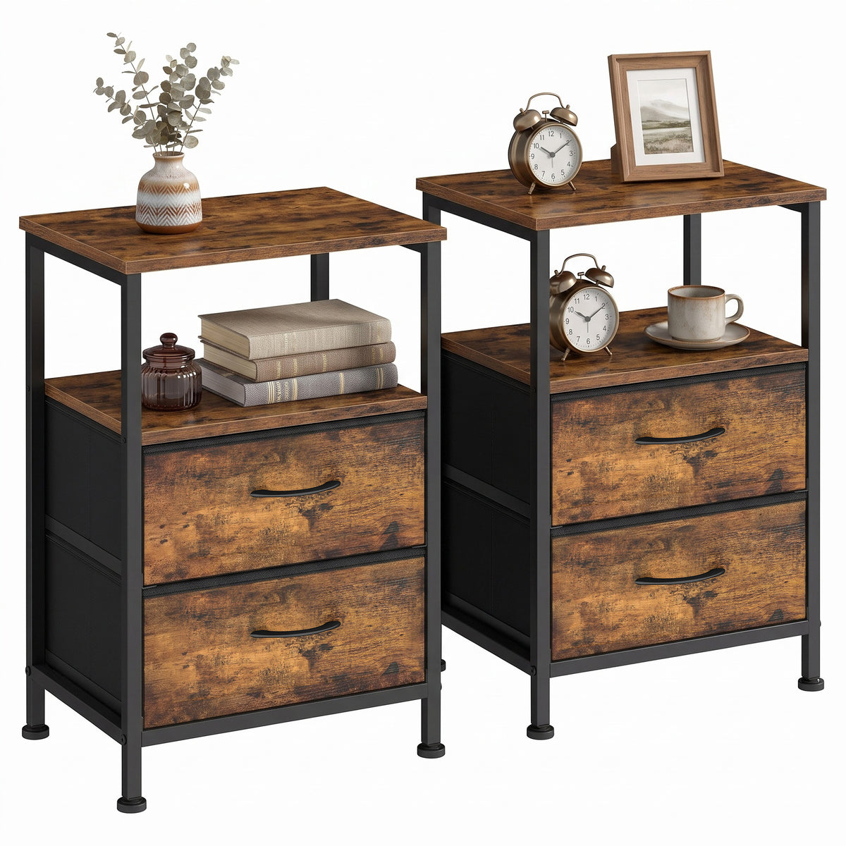LEDREM Nightstand with Open Shelf and 2 Fabric Drawers, 15.6 x 11.8 x 23.8 inches, Rustic Brown