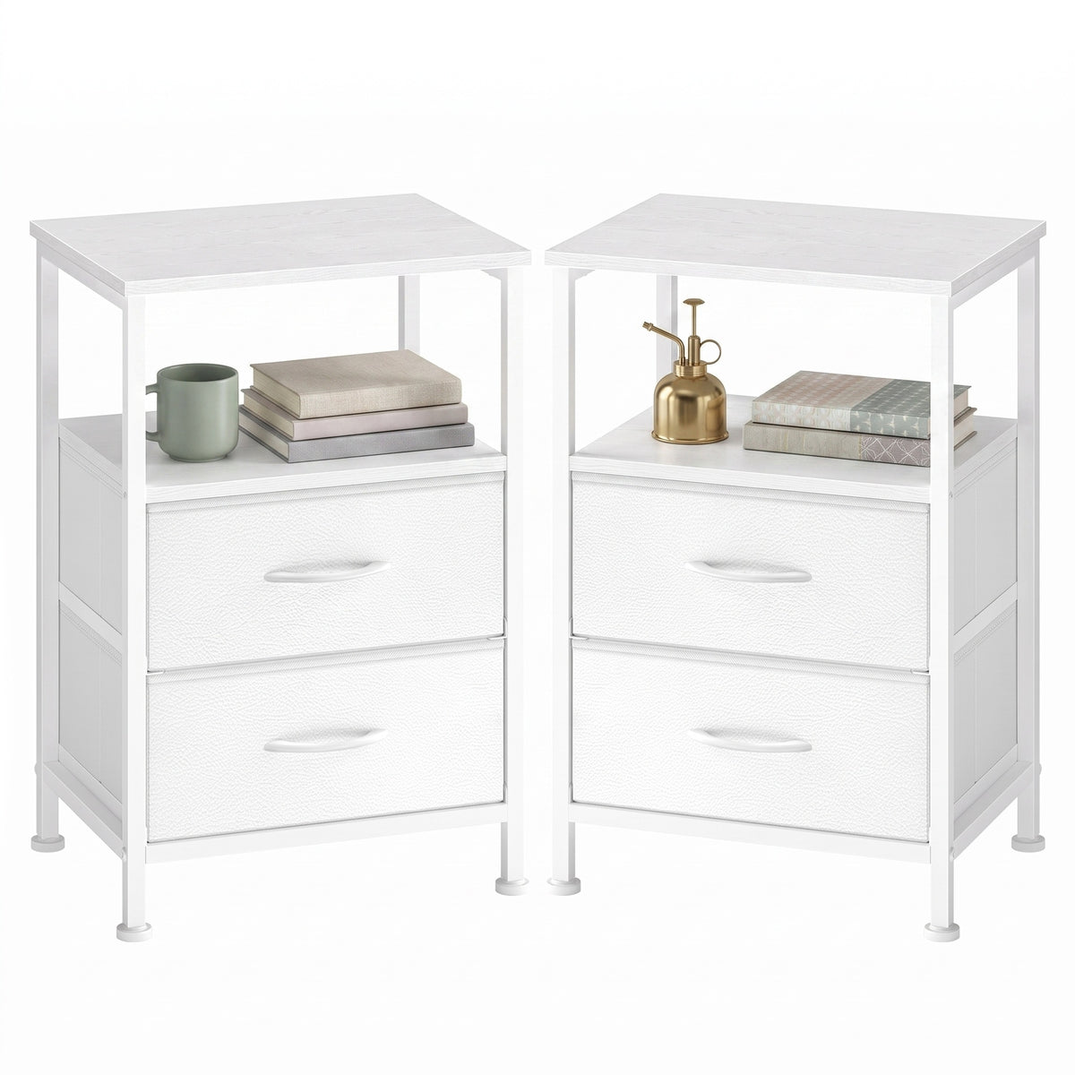LEDREM Nightstand with Open Shelf and 2 Fabric Drawers, 15.6 x 11.8 x 23.8 inches, Cloud White