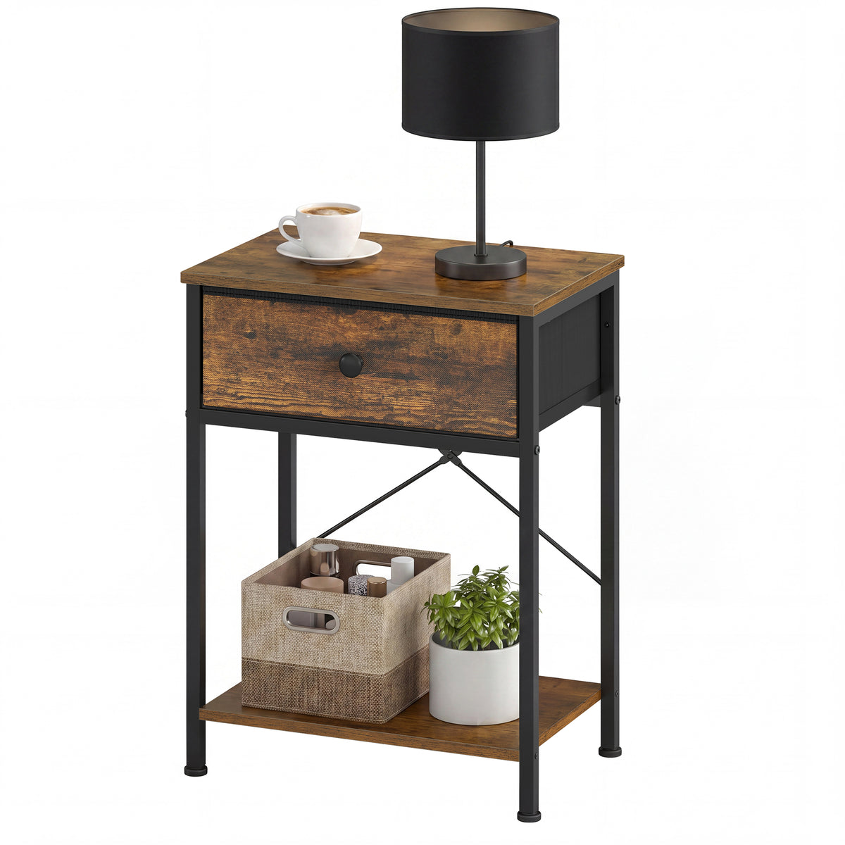 Side Table, Narrow Bedside Table with Fabric Drawer for Small Spaces, 15.6 x 11.8 x 23.8 inches, Rustic Brown