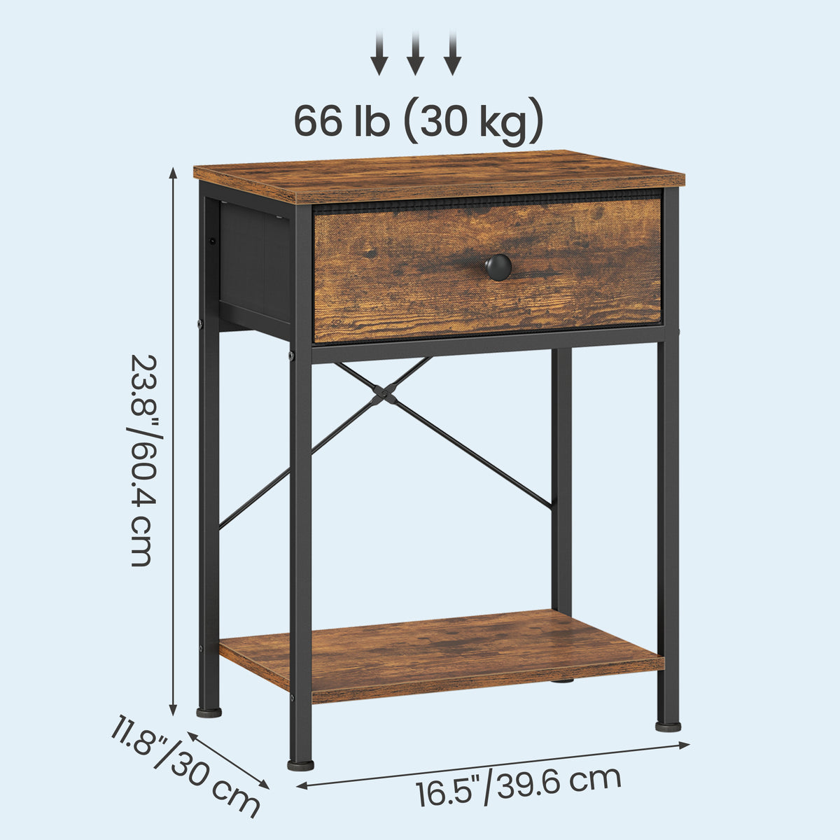 Side Table, Narrow Bedside Table with Fabric Drawer for Small Spaces, 15.6 x 11.8 x 23.8 inches, Rustic Brown