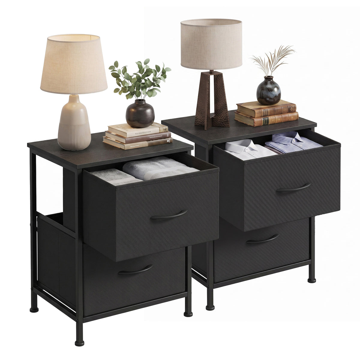 LEDREM Nightstand with 2 Non-Woven Fabric Drawers, Chest of Drawers for Bedroom, Closet, Black