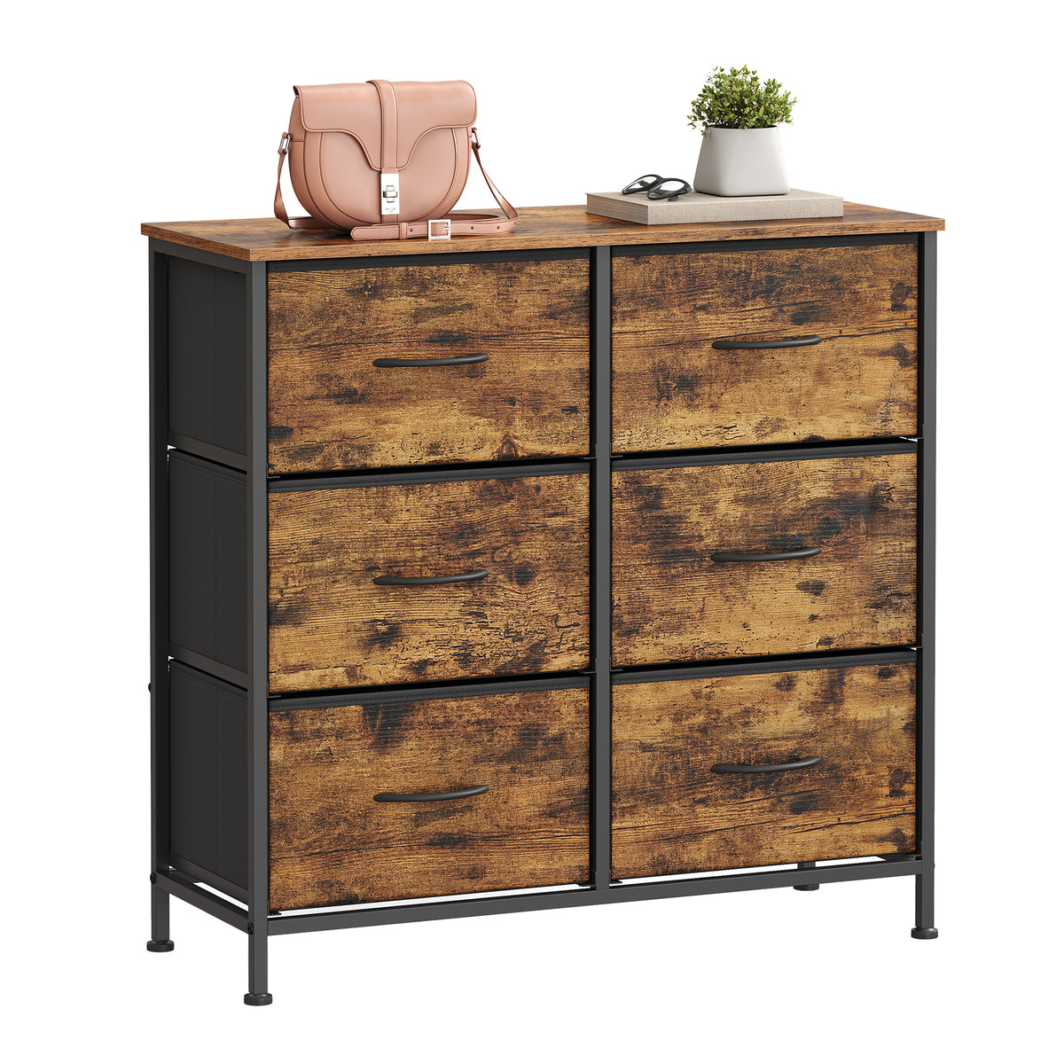 LEDREM Modern 6-Drawer Dresser, Storage Organizer Unit for Bedroom, 30.2 x 11.8 x 29.4 Inches, Black and Tan