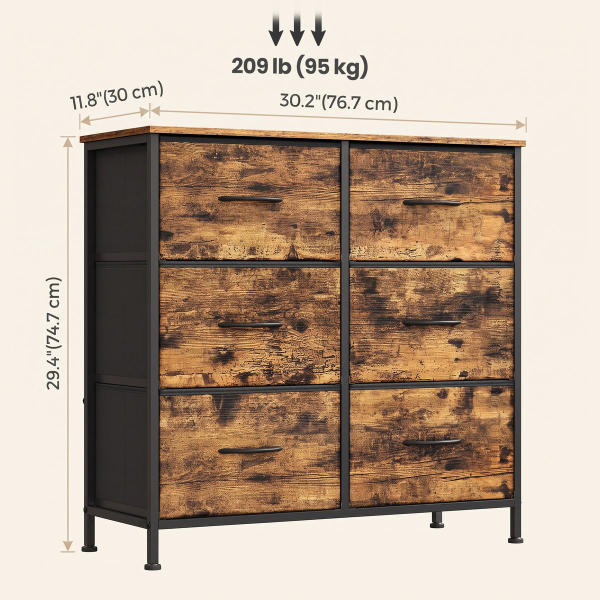 LEDREM Modern 6-Drawer Dresser, Storage Organizer Unit for Bedroom, 30.2 x 11.8 x 29.4 Inches, Black and Tan