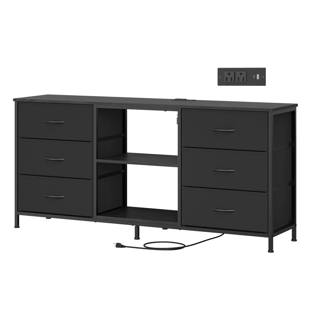 LEDREM TV Stand with LED Lights and Power Outlets, Media Console with 6 Fabric Drawers for TVs up to 70 Inches, Black