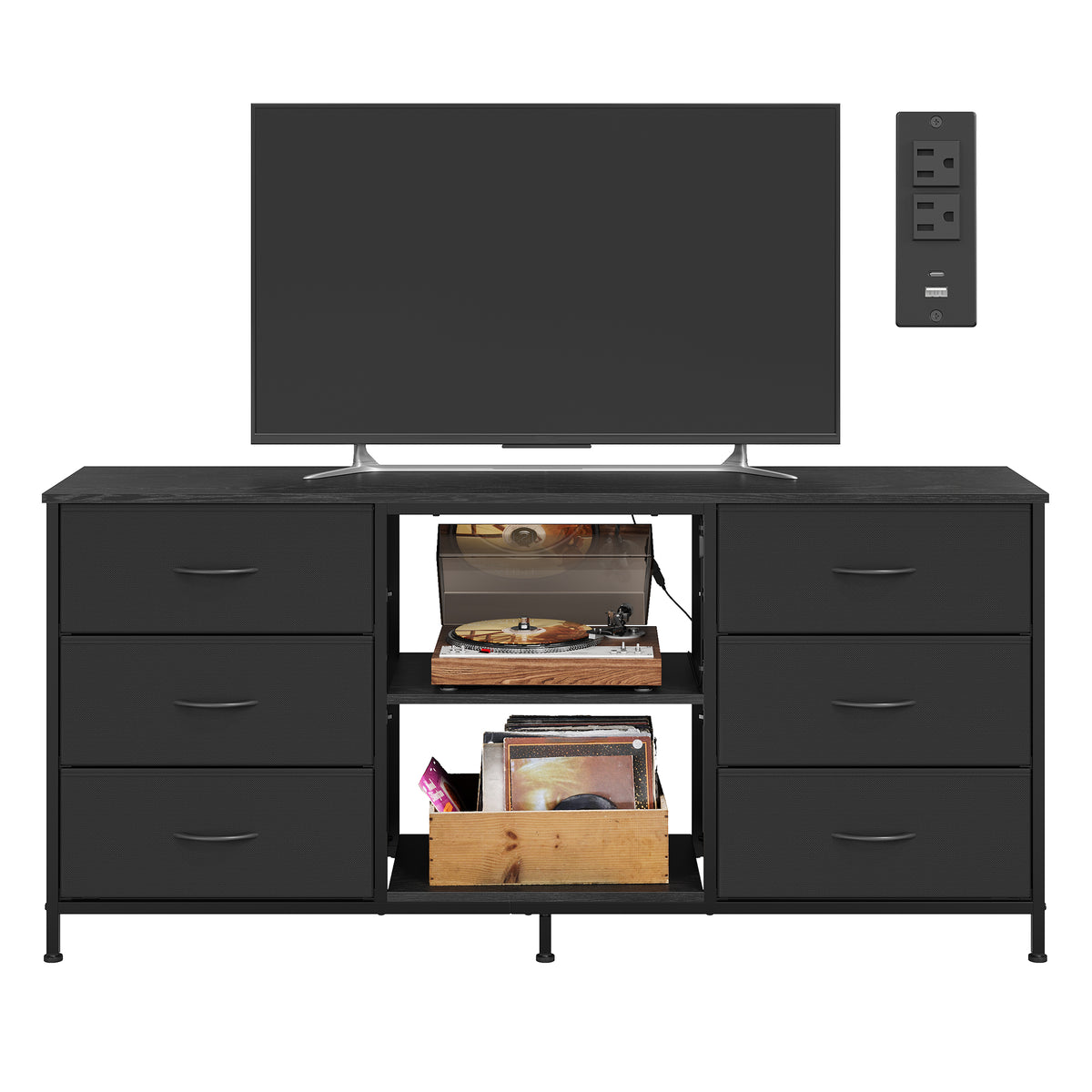 LEDREM TV Stand with LED Lights and Power Outlets, Media Console with 6 Fabric Drawers for TVs up to 70 Inches, Black