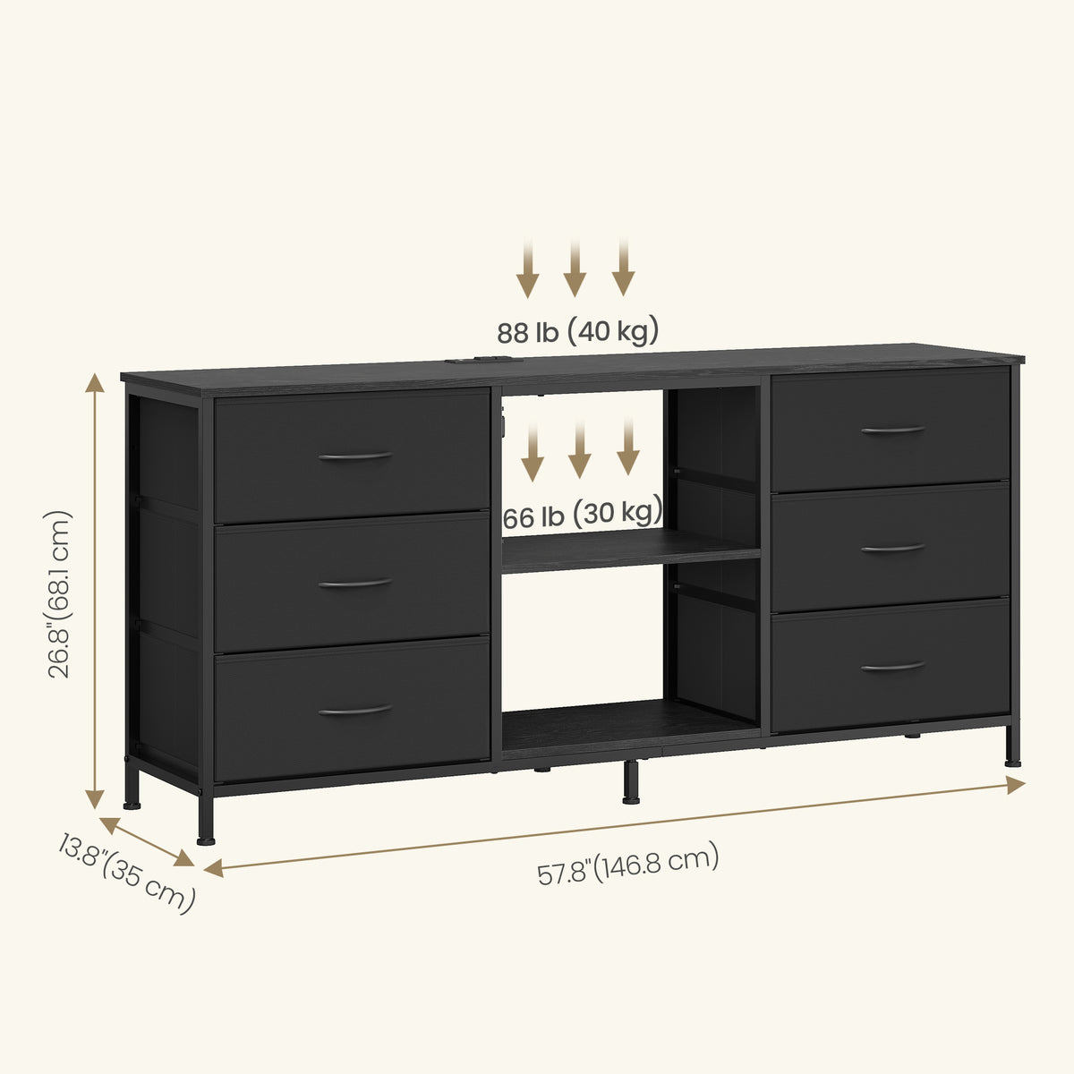 LEDREM TV Stand with LED Lights and Power Outlets, Media Console with 6 Fabric Drawers for TVs up to 70 Inches, Black