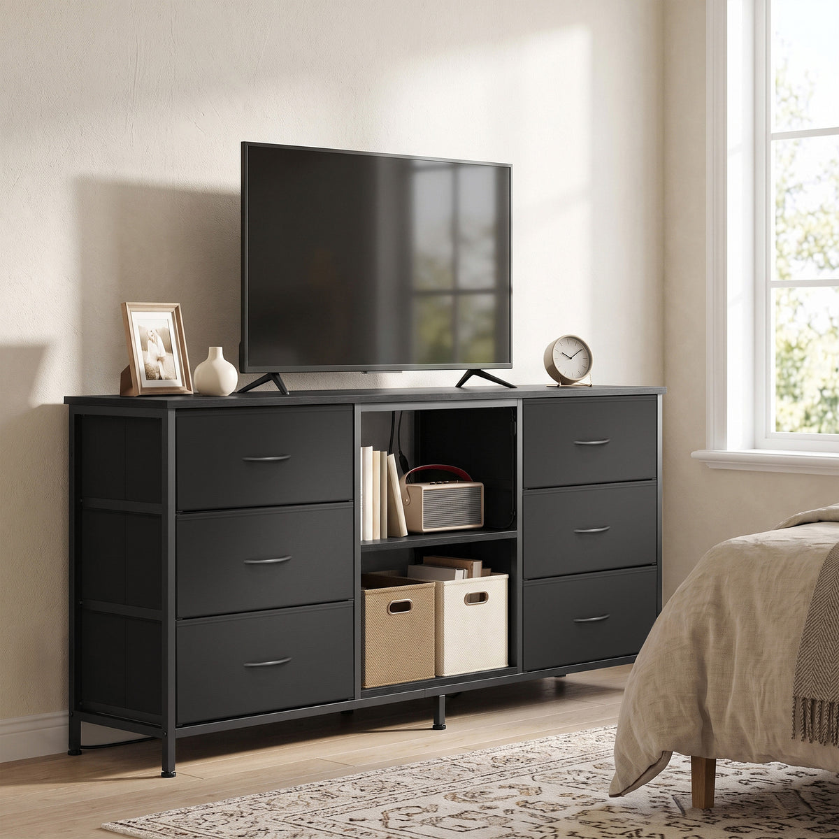 LEDREM TV Stand with LED Lights and Power Outlets, Media Console with 6 Fabric Drawers for TVs up to 70 Inches, Black