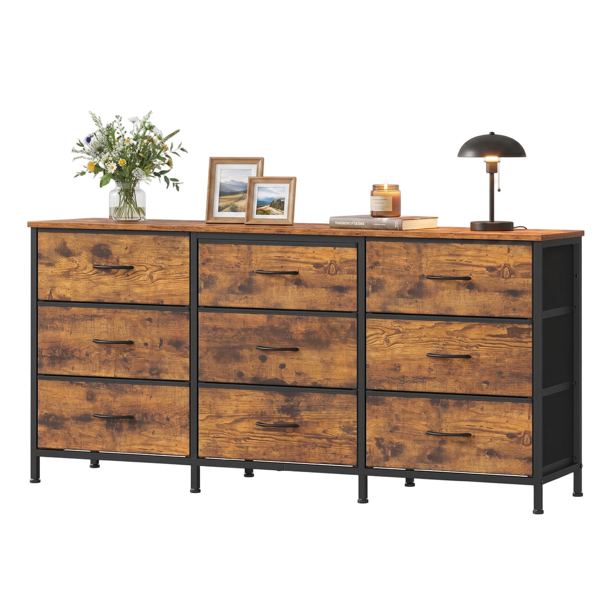 9-Drawer Dresser, TV Stand, Modern Basic Chest of Drawers, 57.8 x 13.8 x 26.8 Inches, Tan