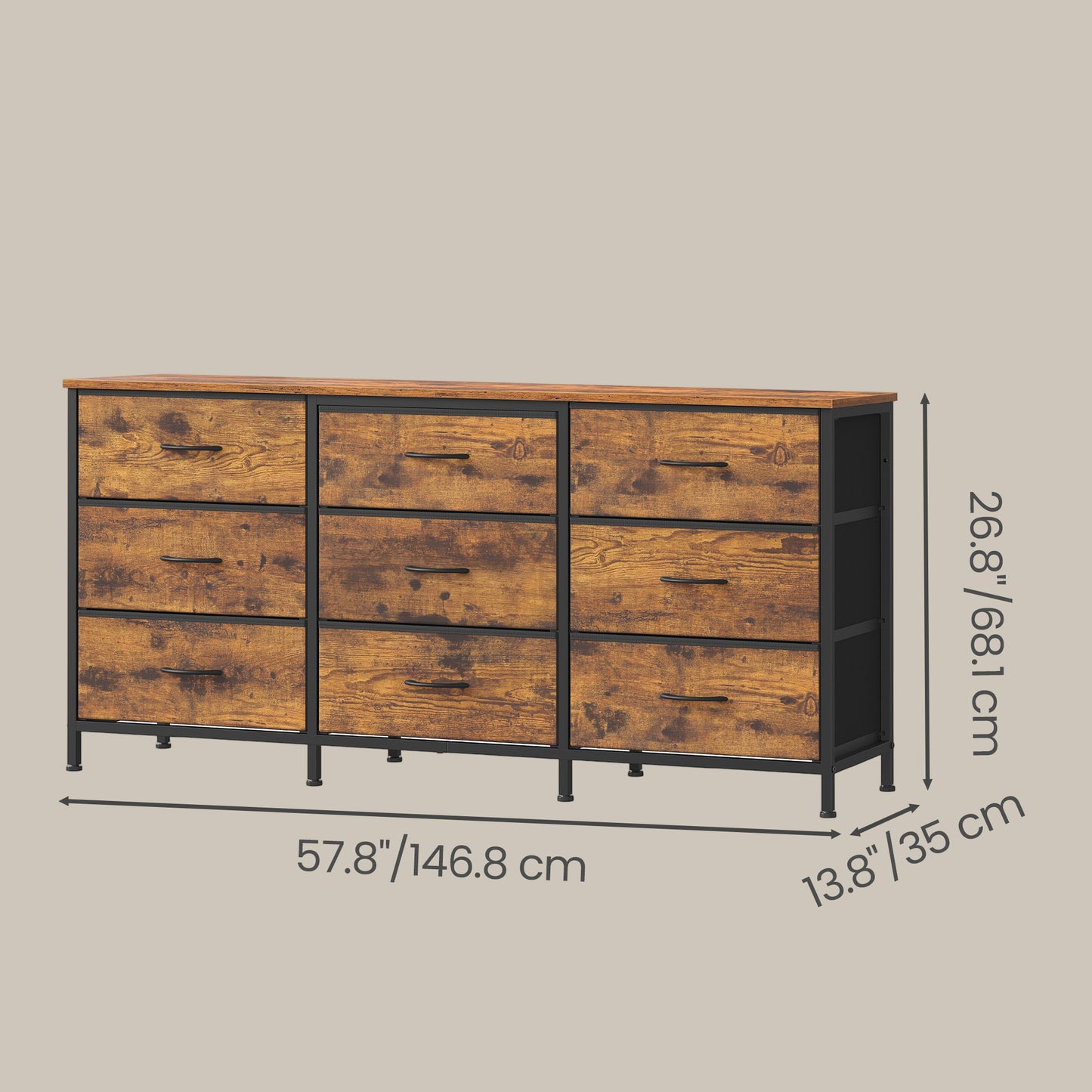 9-Drawer Dresser, TV Stand, Modern Basic Chest of Drawers, 57.8 x 13.8 x 26.8 Inches, Tan