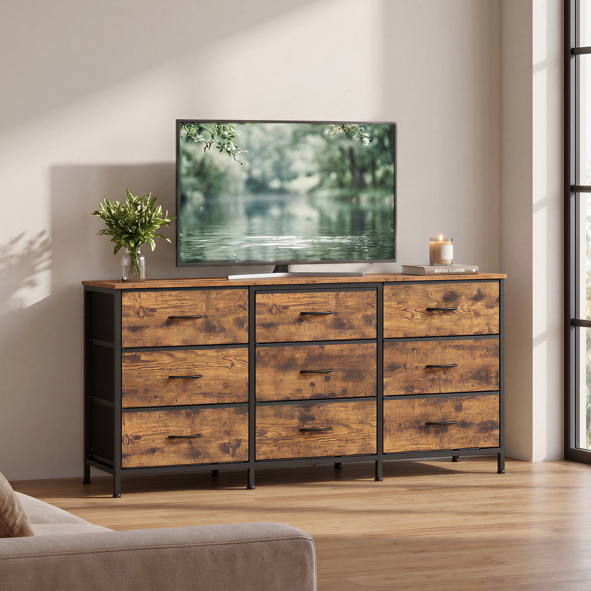 9-Drawer Dresser, TV Stand, Modern Basic Chest of Drawers, 57.8 x 13.8 x 26.8 Inches, Tan
