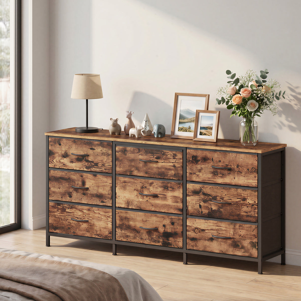 9-Drawer Dresser, TV Stand, Modern Basic Chest of Drawers, 57.8 x 13.8 x 26.8 Inches, Tan