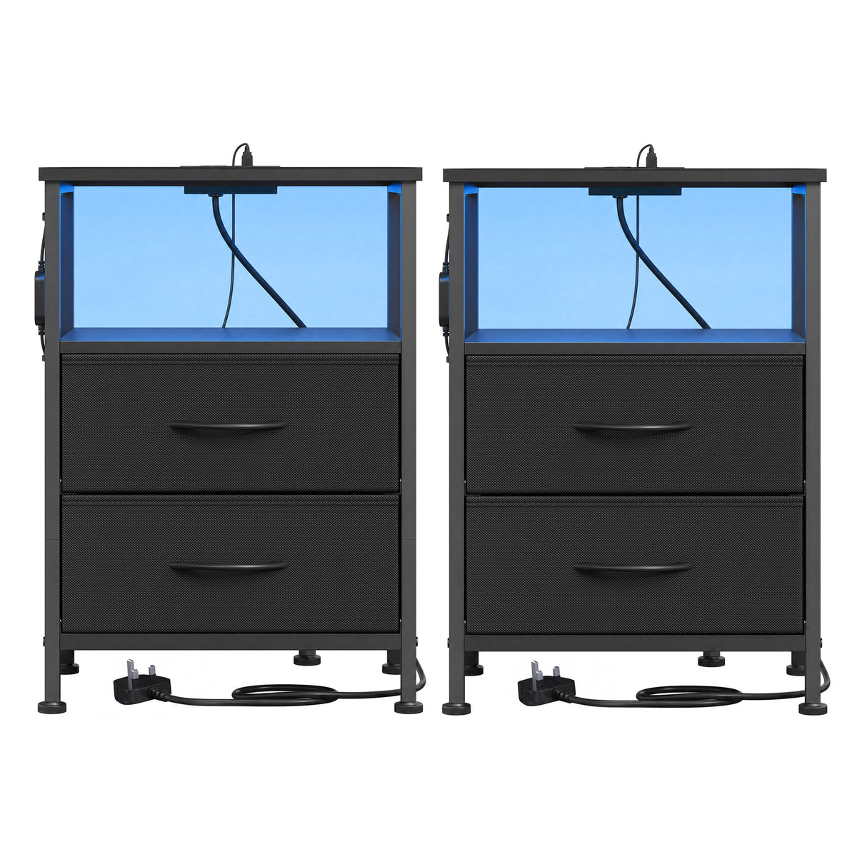 LEDREM Modern Nightstand Set of 2 with Charging Station and LED Lights, 15.6 x 11.8 x 23.8 Inches, Ink Black