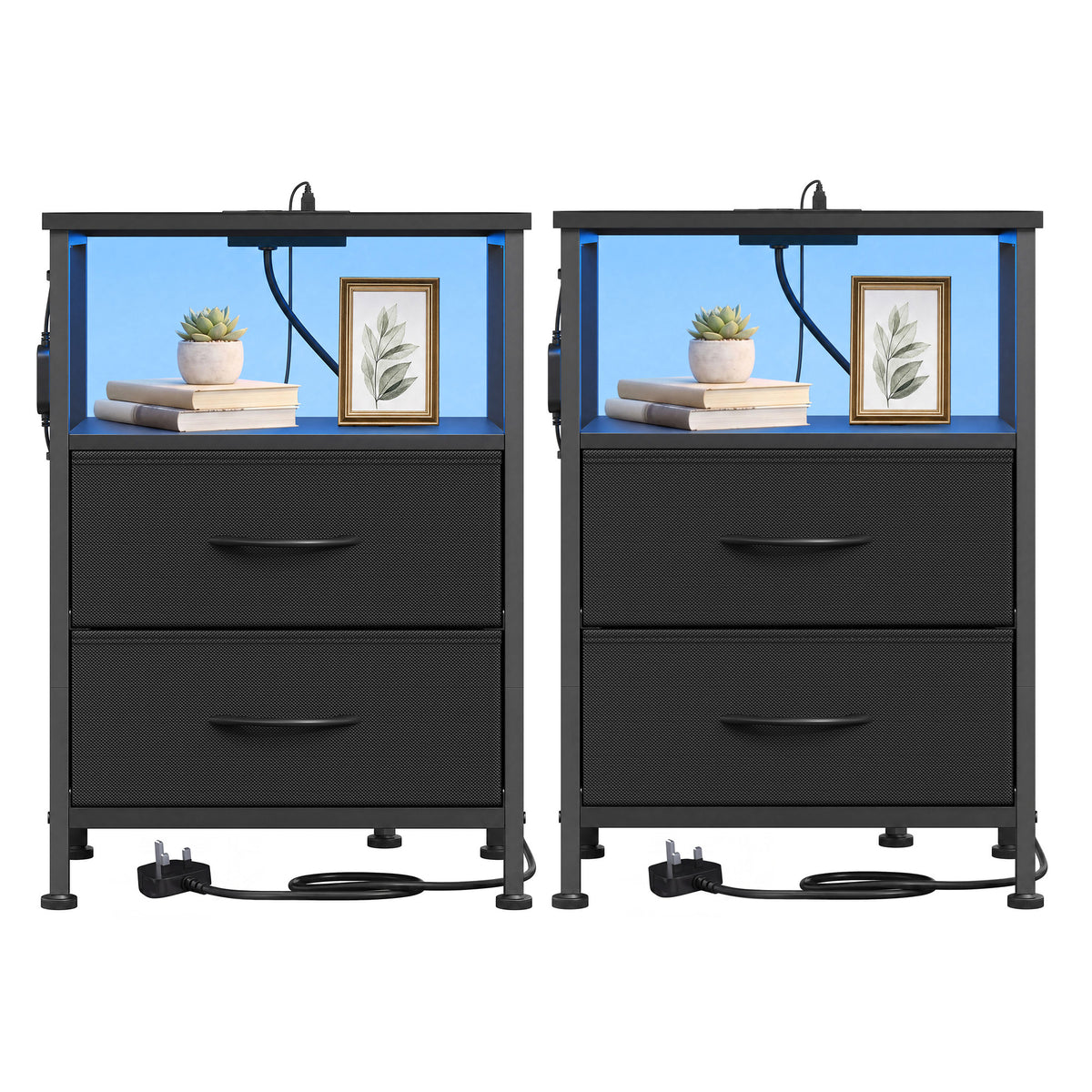 LEDREM Modern Nightstand Set of 2 with Charging Station and LED Lights, 15.6 x 11.8 x 23.8 Inches, Ink Black