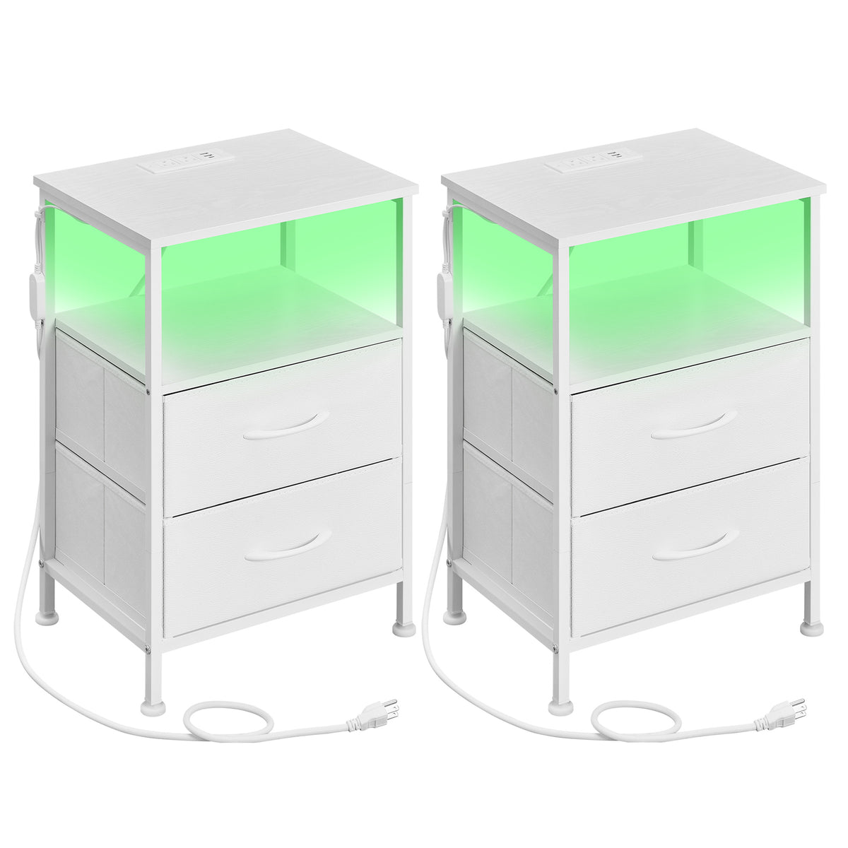 LEDREM Modern Nightstand Set of 2 with Charging Station and LED Lights, 15.6 x 11.8 x 23.8 Inches, White