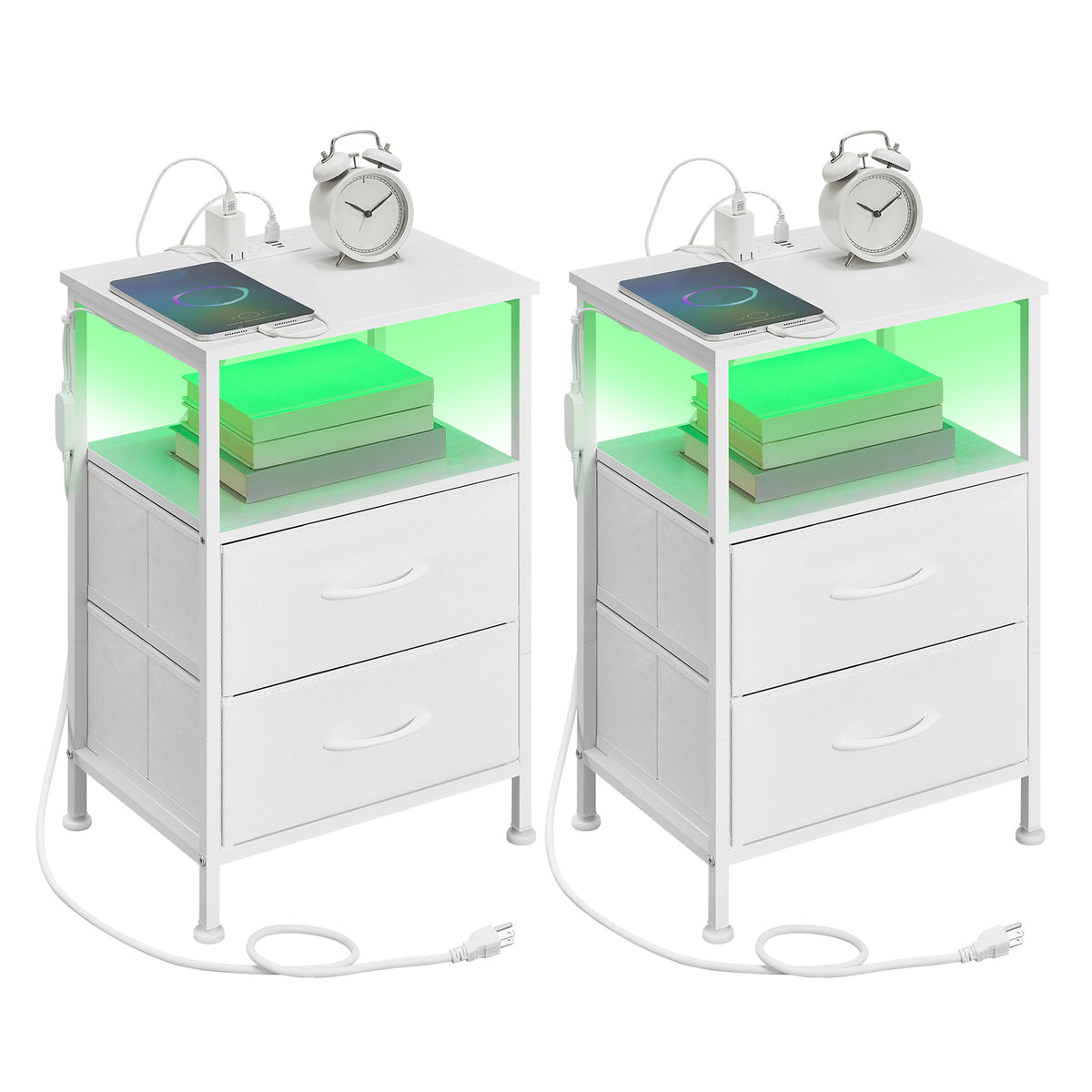 LEDREM Modern Nightstand Set of 2 with Charging Station and LED Lights, 15.6 x 11.8 x 23.8 Inches, White