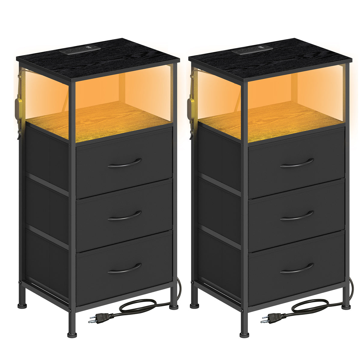 LEDREM Modern Basic Nightstand Set of 2 with Charging Station and LED Lights, 15.6 x 11.8 x 29.9 Inches, Ink Black