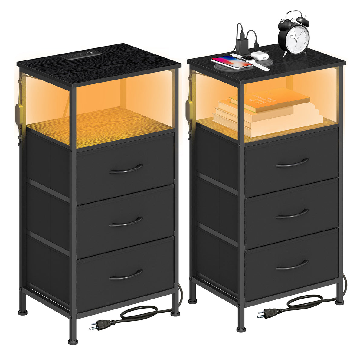 LEDREM Modern Basic Nightstand Set of 2 with Charging Station and LED Lights, 15.6 x 11.8 x 29.9 Inches, Ink Black