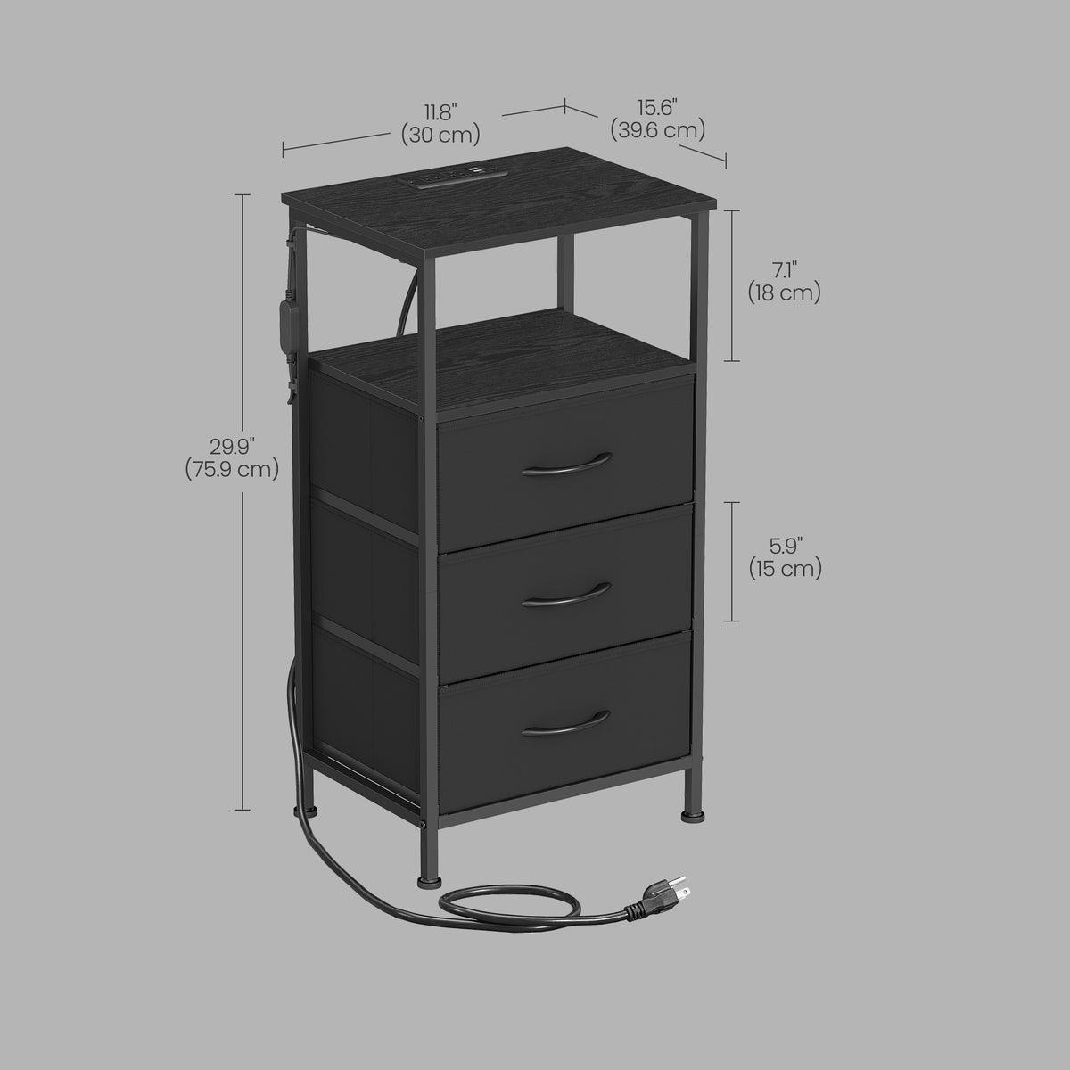 LEDREM Modern Basic Nightstand Set of 2 with Charging Station and LED Lights, 15.6 x 11.8 x 29.9 Inches, Ink Black